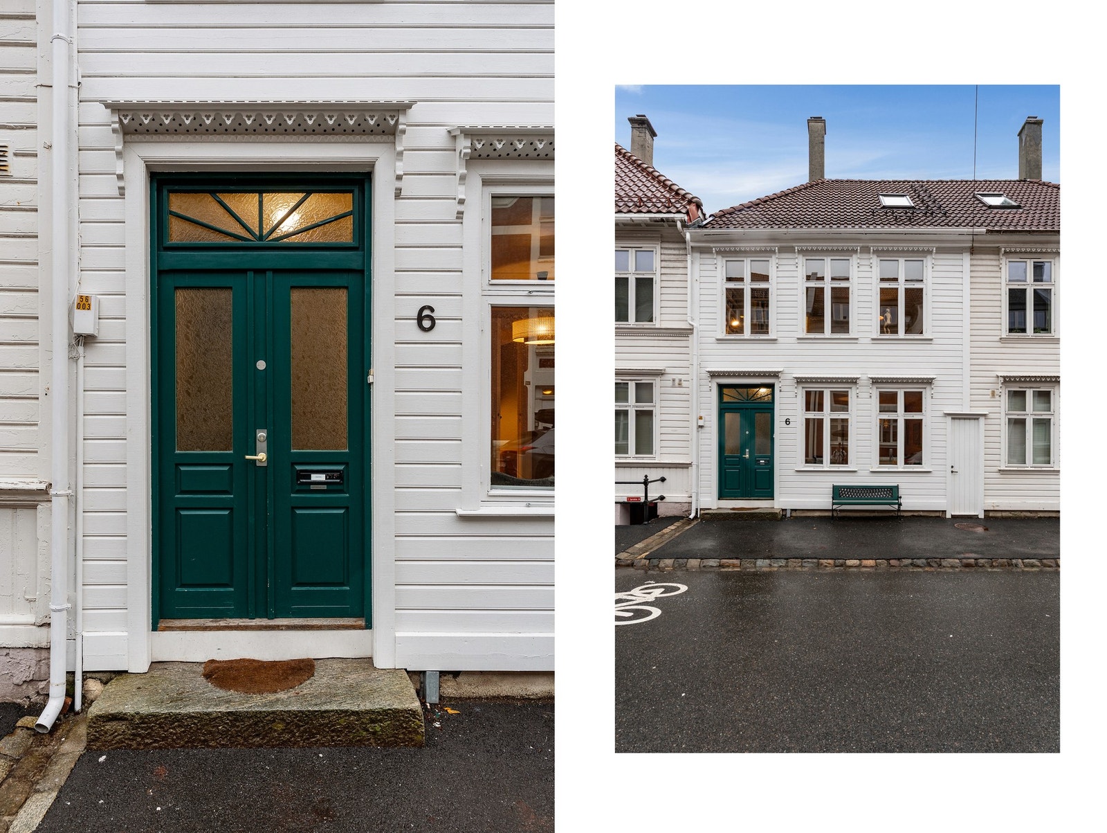 Detaljrik fordakning over vinduer og dør, samt en klassisk lekker ytterdør viser tydelige spor av tidsperiodens håndverk. Galleribilde