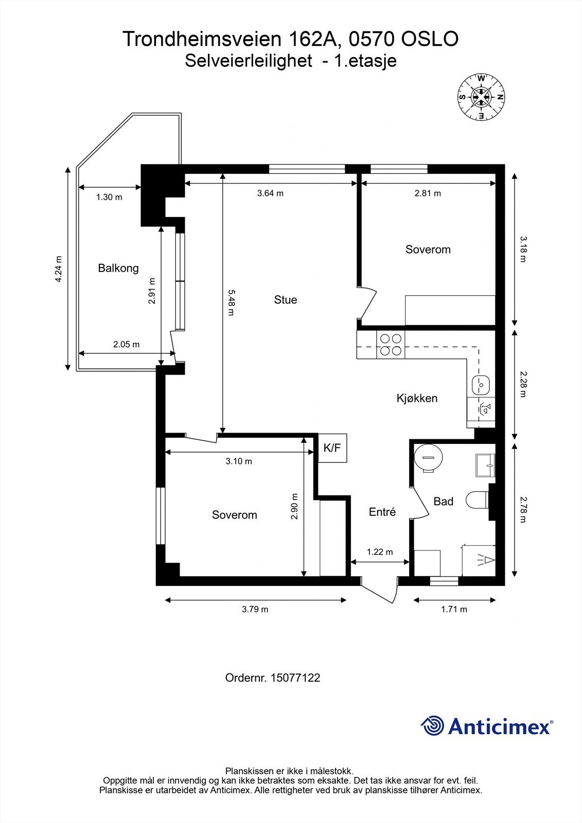 Planløsning. Boligen er i 3. etasje i bygget, og man tar heisen to etasjer opp fra inngangsplan. Etasjen omtales imidlertid som første etasje internt. Galleribilde