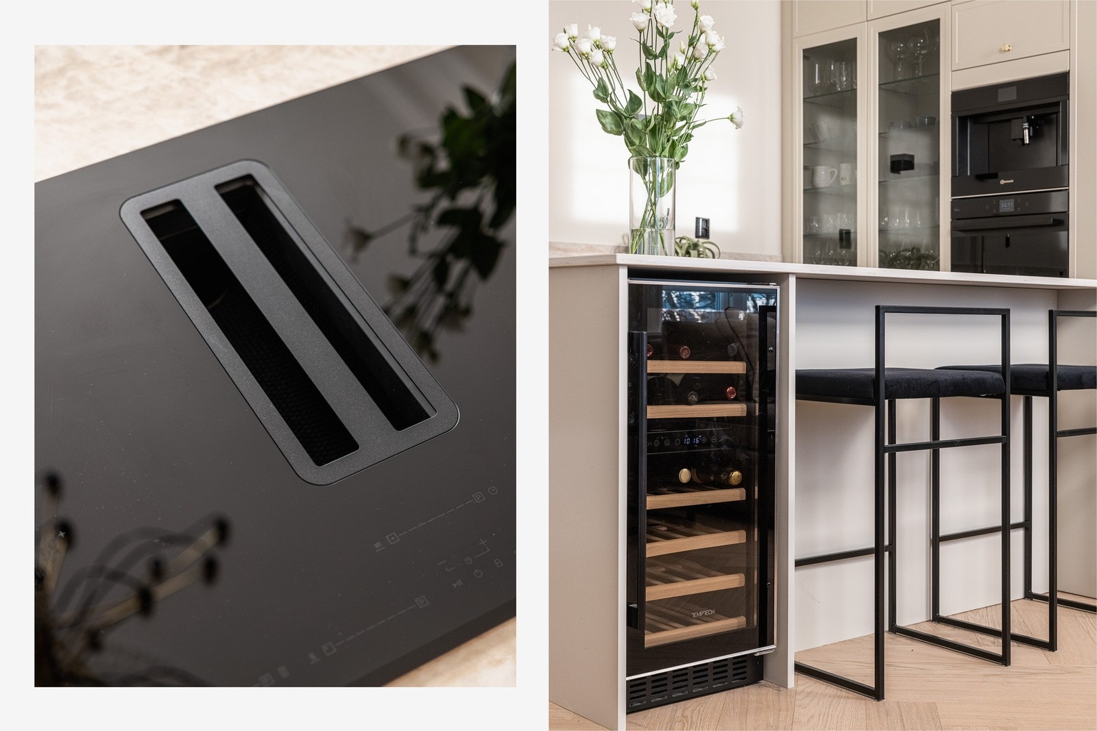 Tilpasset barseksjon og integrert vinskap. Platetopp i kjøkkenøy med integrert ventilator. Galleribilde