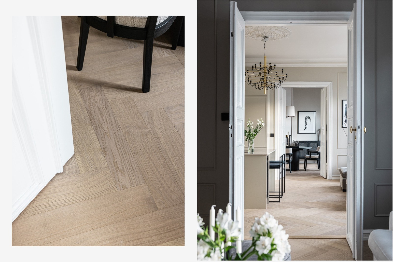 Fiskebensparkett, restaurerte fløydører, stukkatur og rosett komplementerer det klassiske uttrykket i leiligheten. Galleribilde