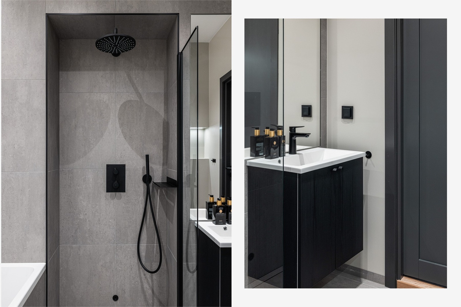 Dusjnisje med innebygde armaturer og stilren, innfellbar dusjvegg i herdet glass. Tile insert sluk i samme utførelse som gulvet. Innfelt, spesialbestilt speil fra glassmester på vegg. Galleribilde