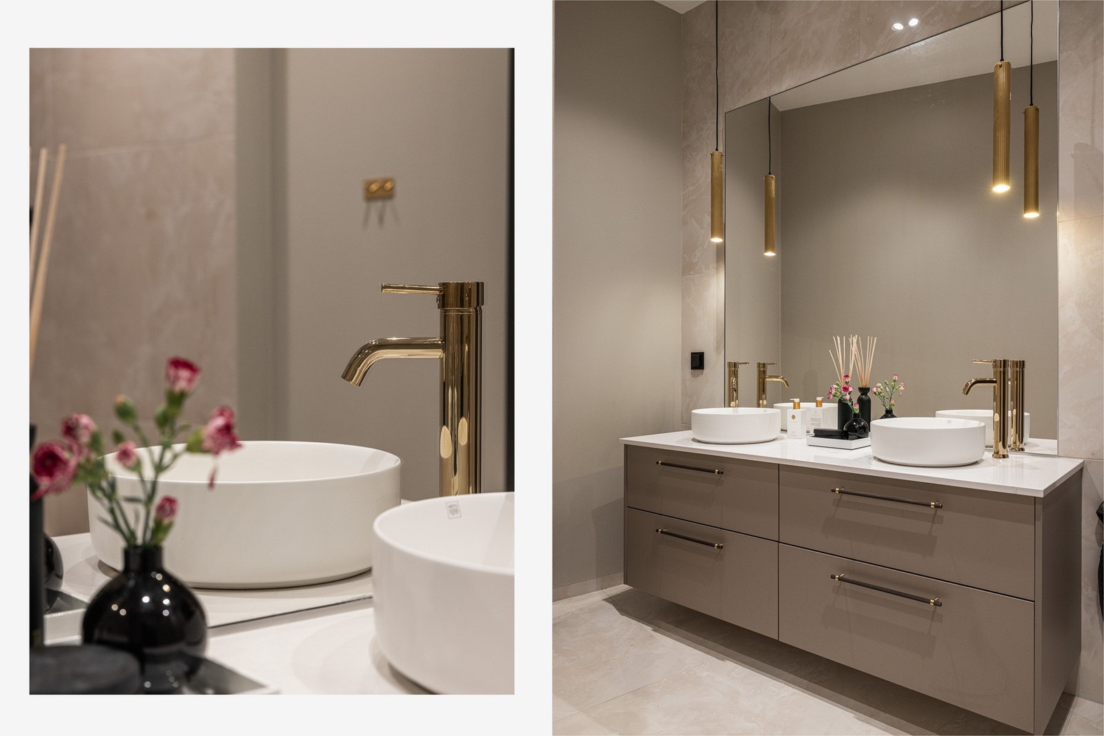 Spesialtilpasset baderomsmøbel med Silestone benkeplate. Innfelt, spesialbestilt speil fra glassmester. Galleribilde