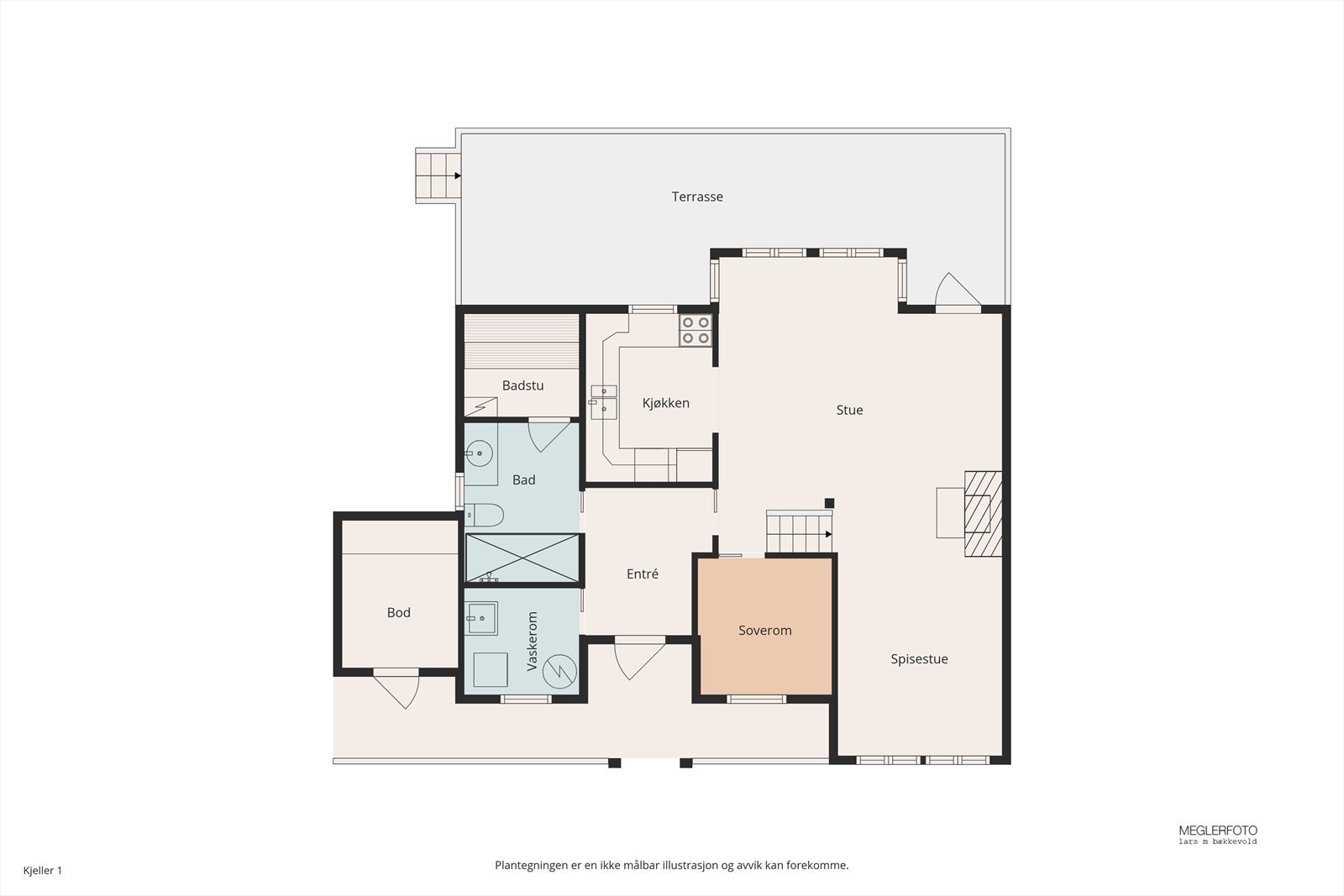 Første etasje har en sosial planløsning med stue, kjøkken, bad, badstu og ett soverom. Galleribilde