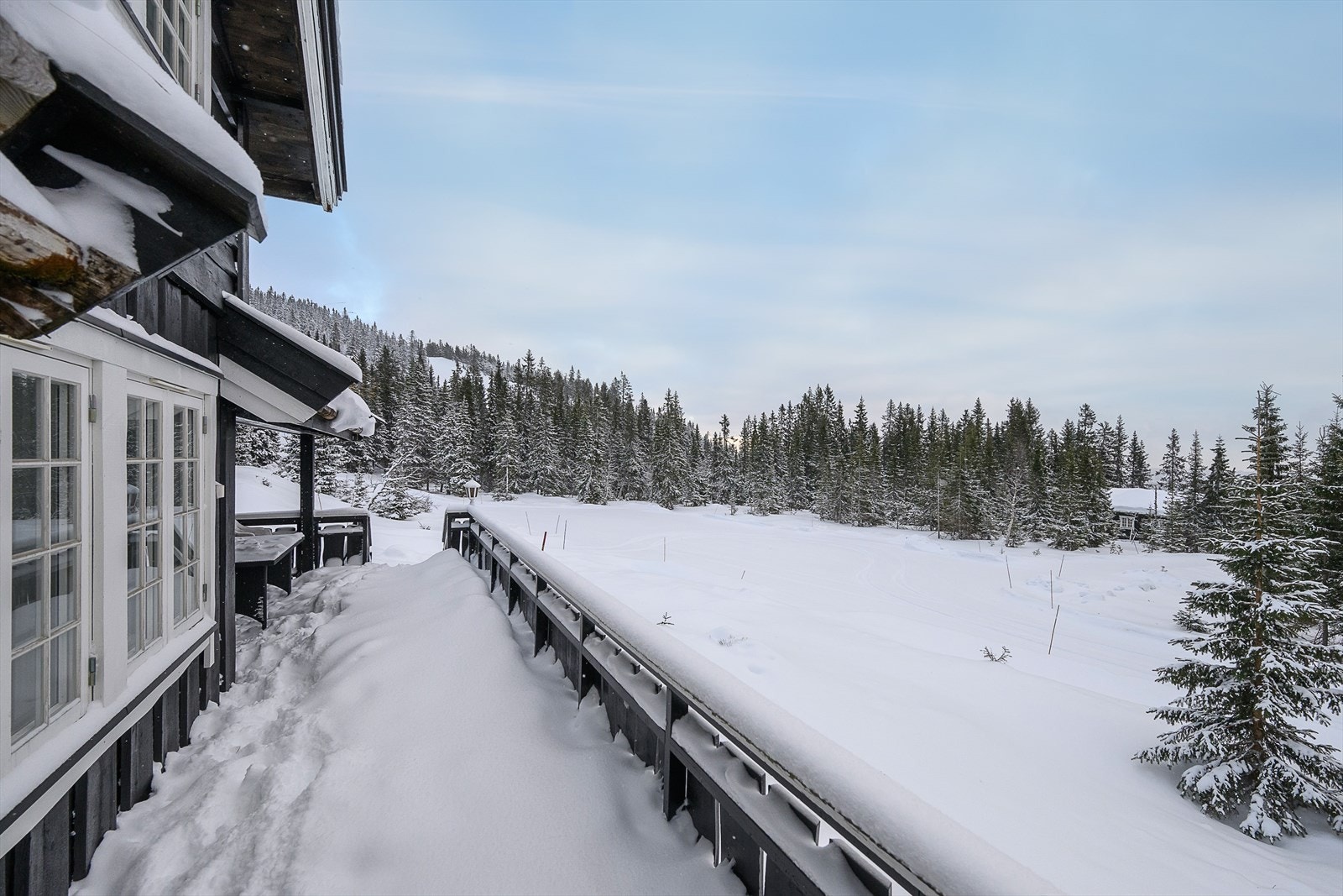 Her er det rikelig med plass for å sola i hytteveggen. Åpent og fritt foran hytta. Lett tilgang til både langrenn og alpint. Galleribilde