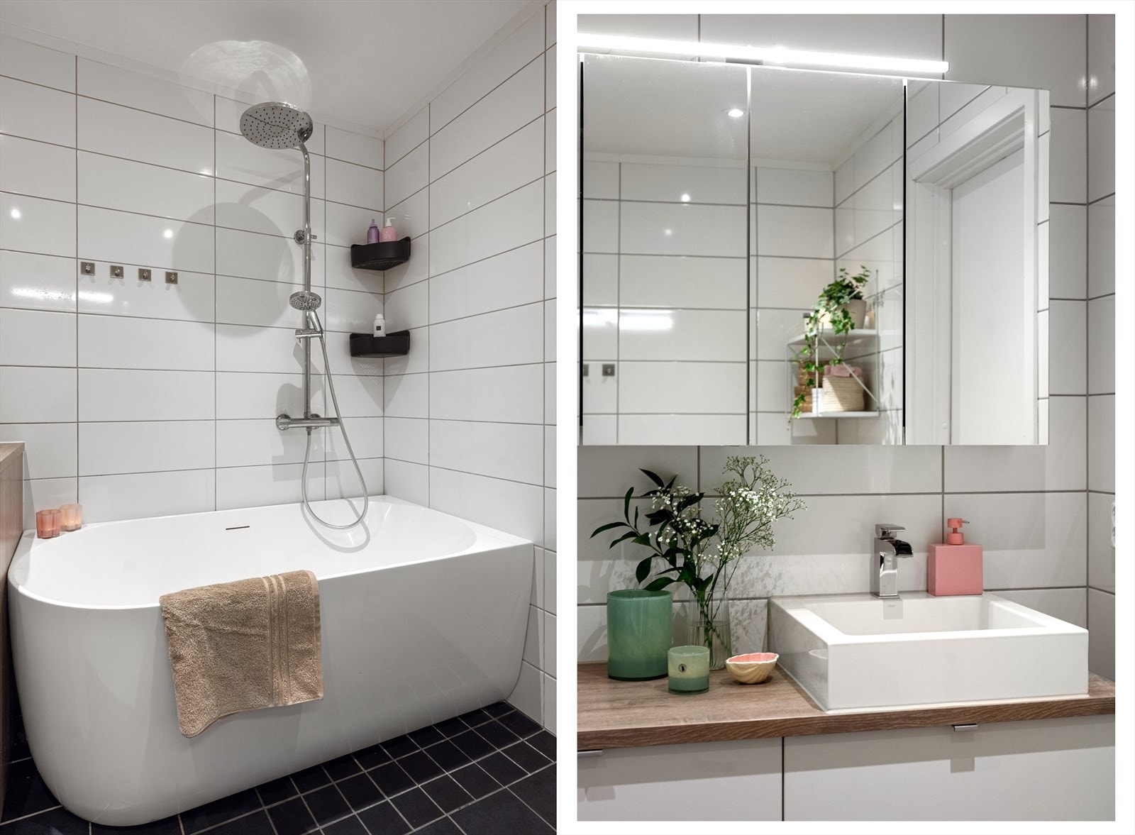 Badet er innredet med vegghengt toalett, badekar samt servant med skuffeseksjon og overskap med speil. Galleribilde