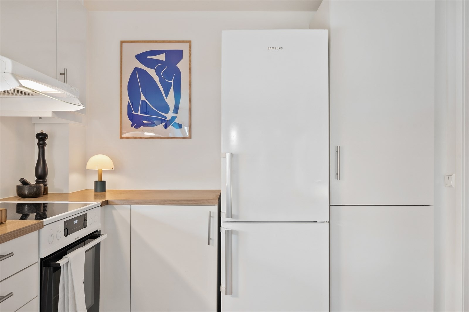 Kjøkkenet er utstyrt med komfyr, stekeovn, oppvaskmaskin og frittstående kjøleskap med fryser Galleribilde