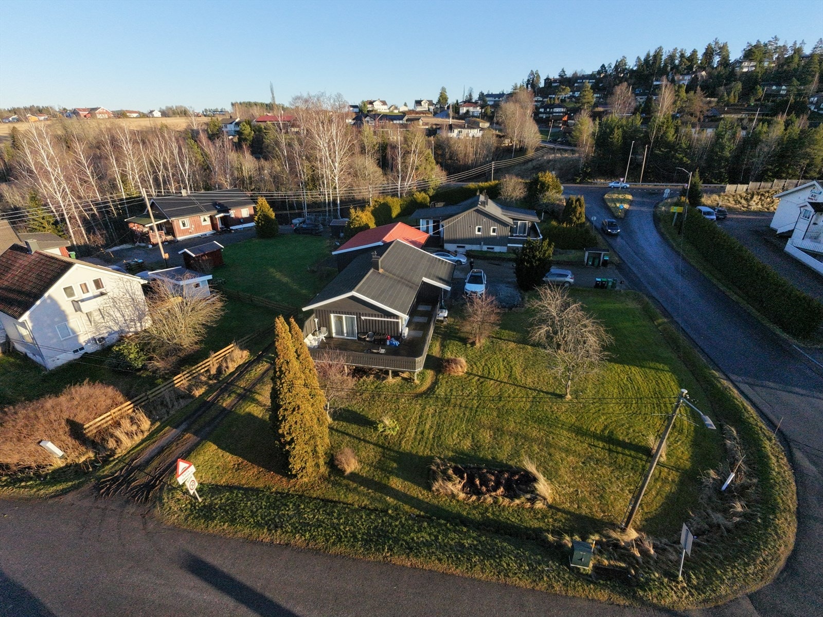 Romslig hjørnetomt med gressplen, beplantning og trær. Galleribilde