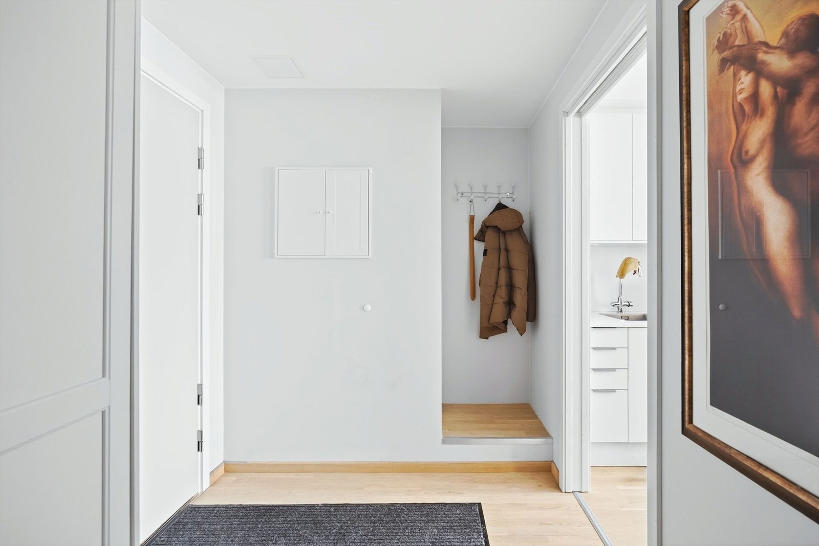 Entrésone - fin plass til oppheng og oppbevaring før du går videre inn i boligen. Galleribilde