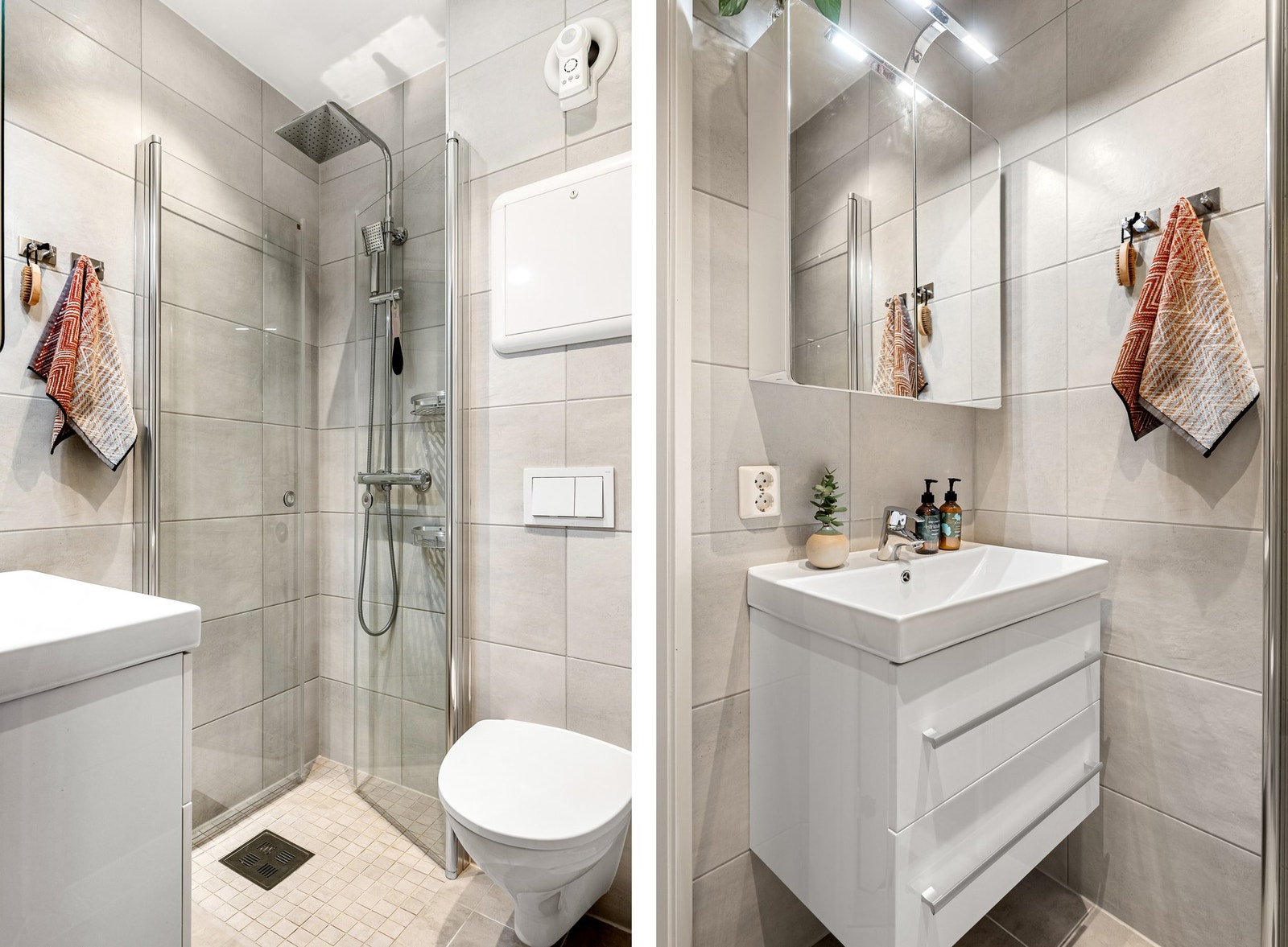 Badet er innredet med servant med innredning, vegghengt toalett og dusjdører i glass. Galleribilde