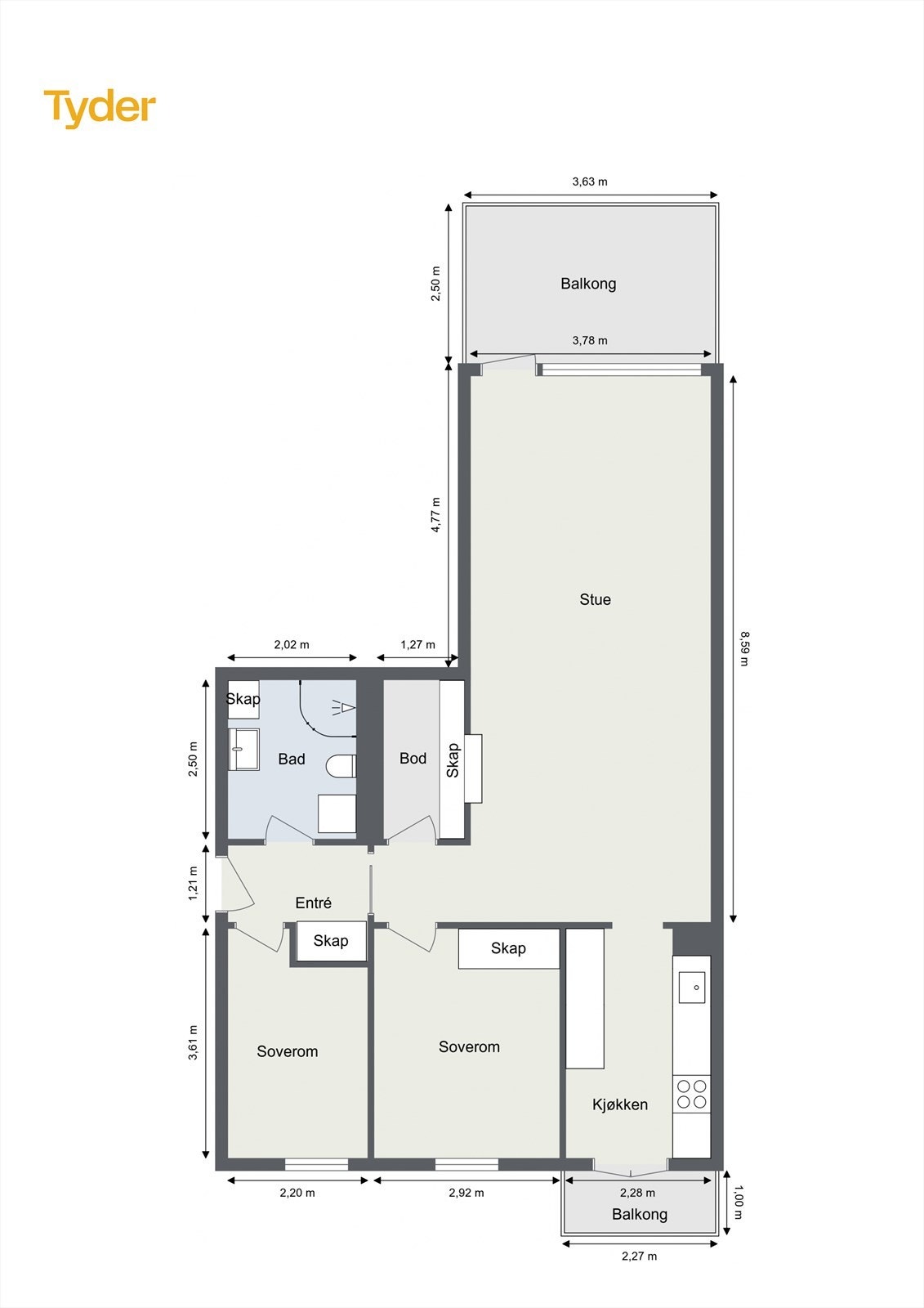 Oppmålt plantegning for leiligheten. Galleribilde