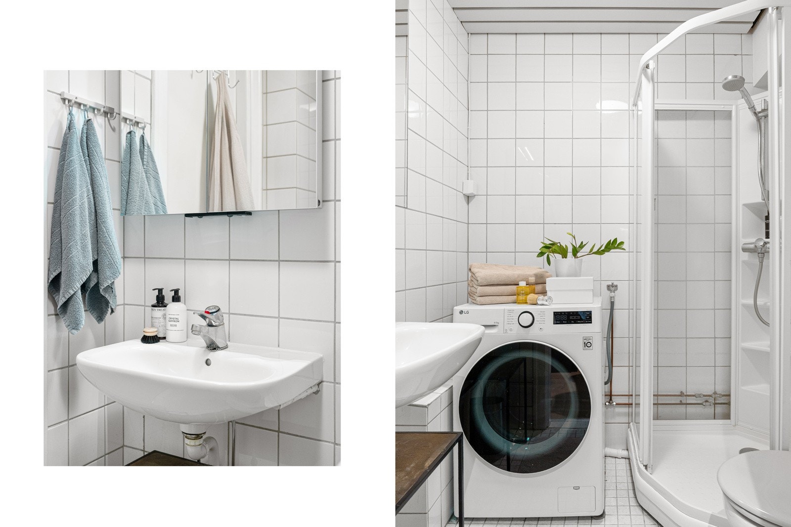 Flislagt baderom med servant, speilskap med lysarmatur, toalett og dusjkabinett. Galleribilde