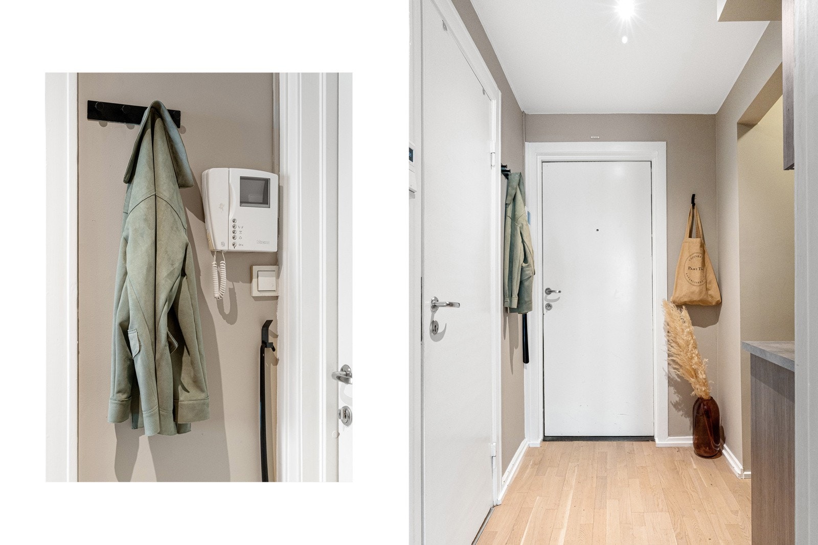 Allerede i entreen får man et godt inntrykk av leilighetens moderne og velvalgte innredning. Det er god plass til plassering av sko, samt oppheng av jakker. Galleribilde