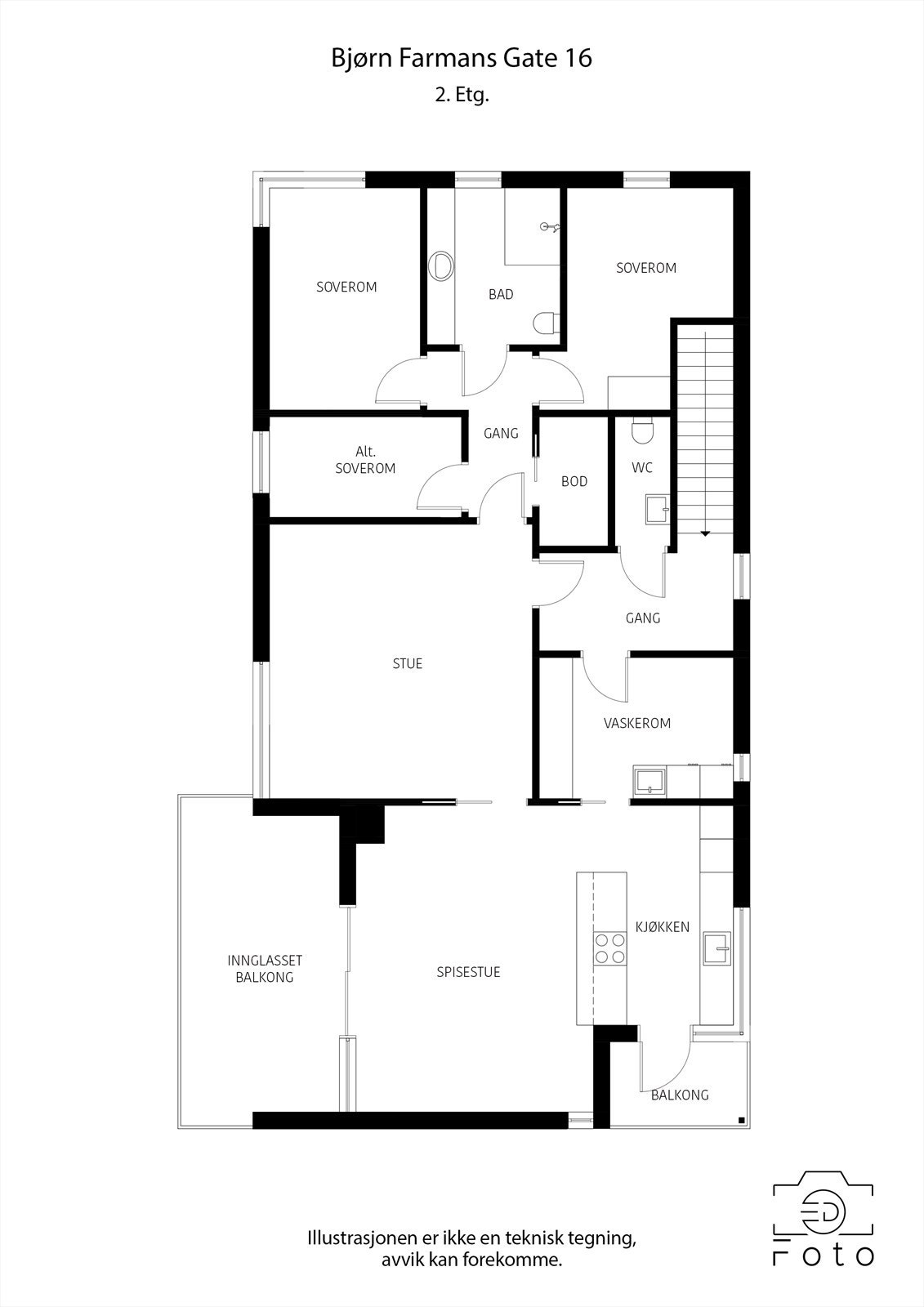Alternativ plantegning 2. etasje. Tiltaket er ikke søkt om og vil kreve søknad til kommunen, selger kan ikke garantere for at tiltaket blir godkjent og dette er således kjøpers risiko. Selger har fått et prisestimat på kr. 150.000,- for å sette inn vindu. Galleribilde