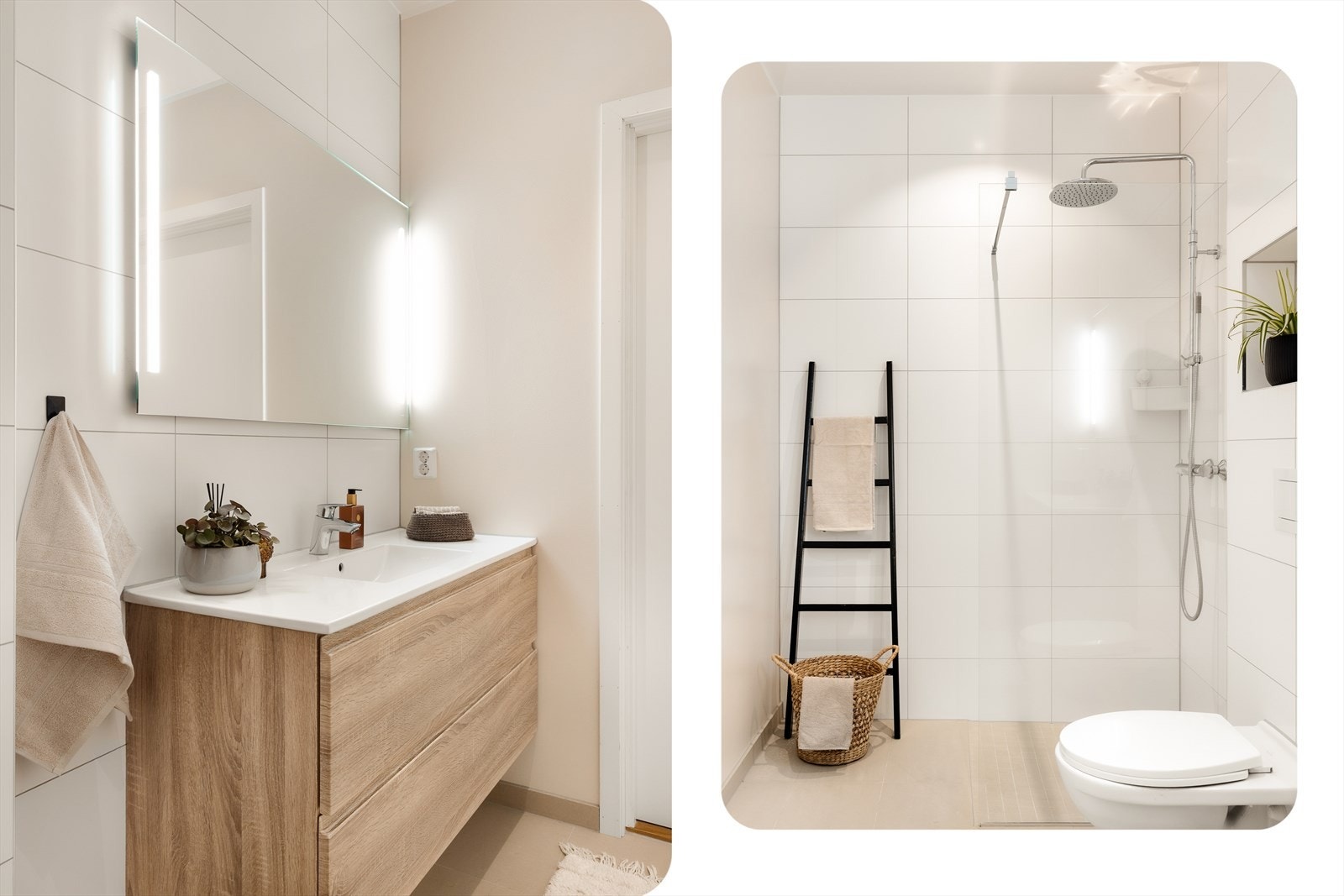 Badet er utstyrt med vegghengt toalett, helstøpt servant, skuffer under servant med slette fronter og dusjvegg i klart
glass Galleribilde