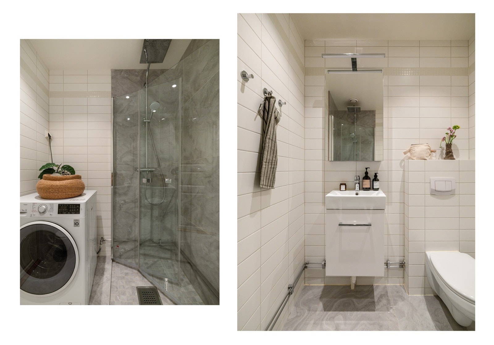 Badet har alt et bad skal ha; plass til vaskemaskin, innredning for oppbevaring, vegghengt toalett og dusjsone. Selve dusjarmaturet er nytt fra høsten 2025. Galleribilde