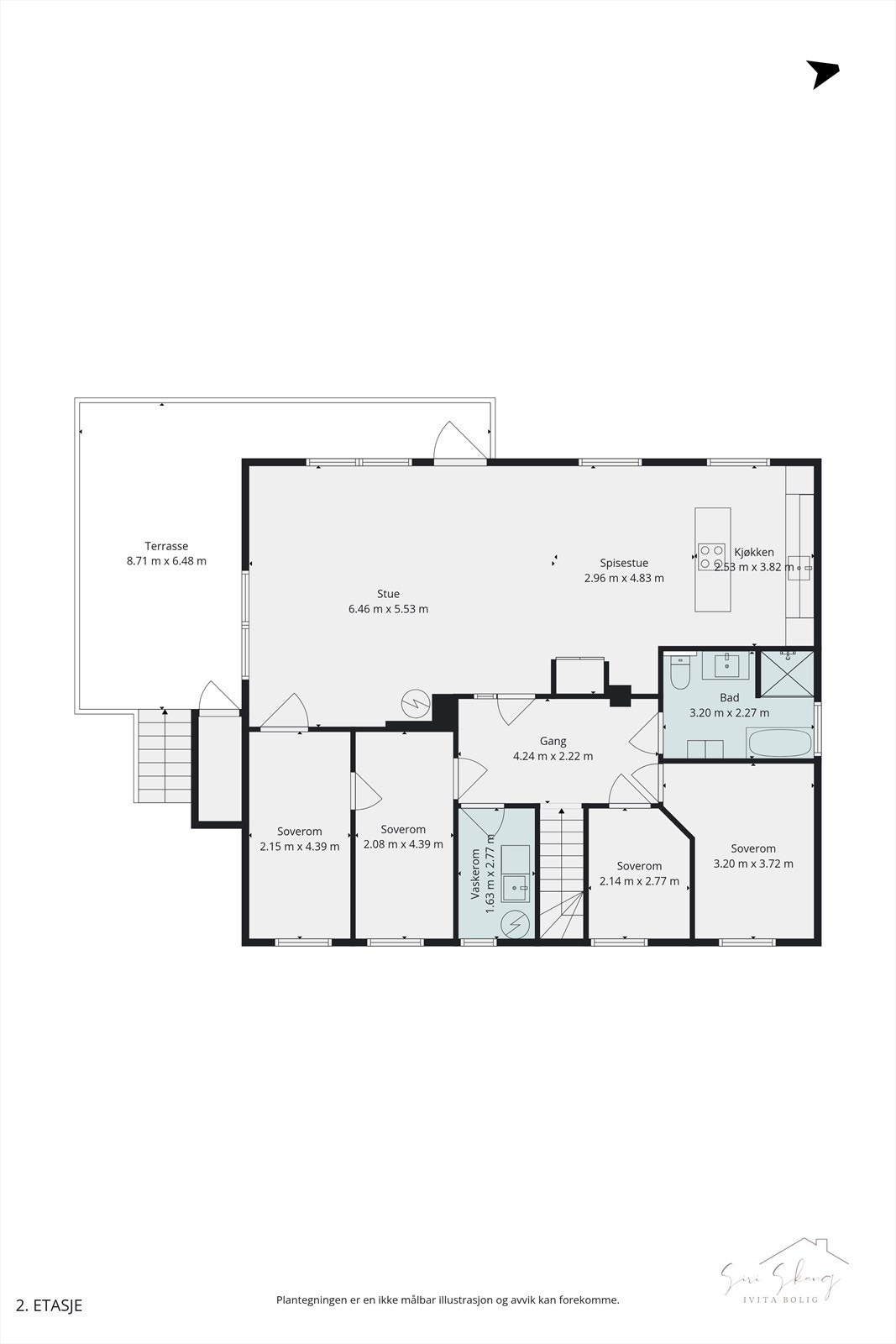 Plantegning i 2D av hovedetasjen. Galleribilde