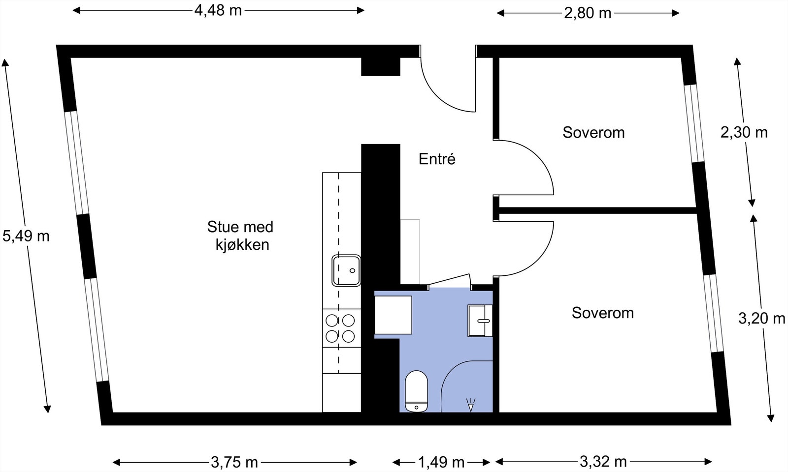 En godt utnyttet planløsning med soverom og den sosiale sonen lagt til hver sin side av leiligheten. Galleribilde