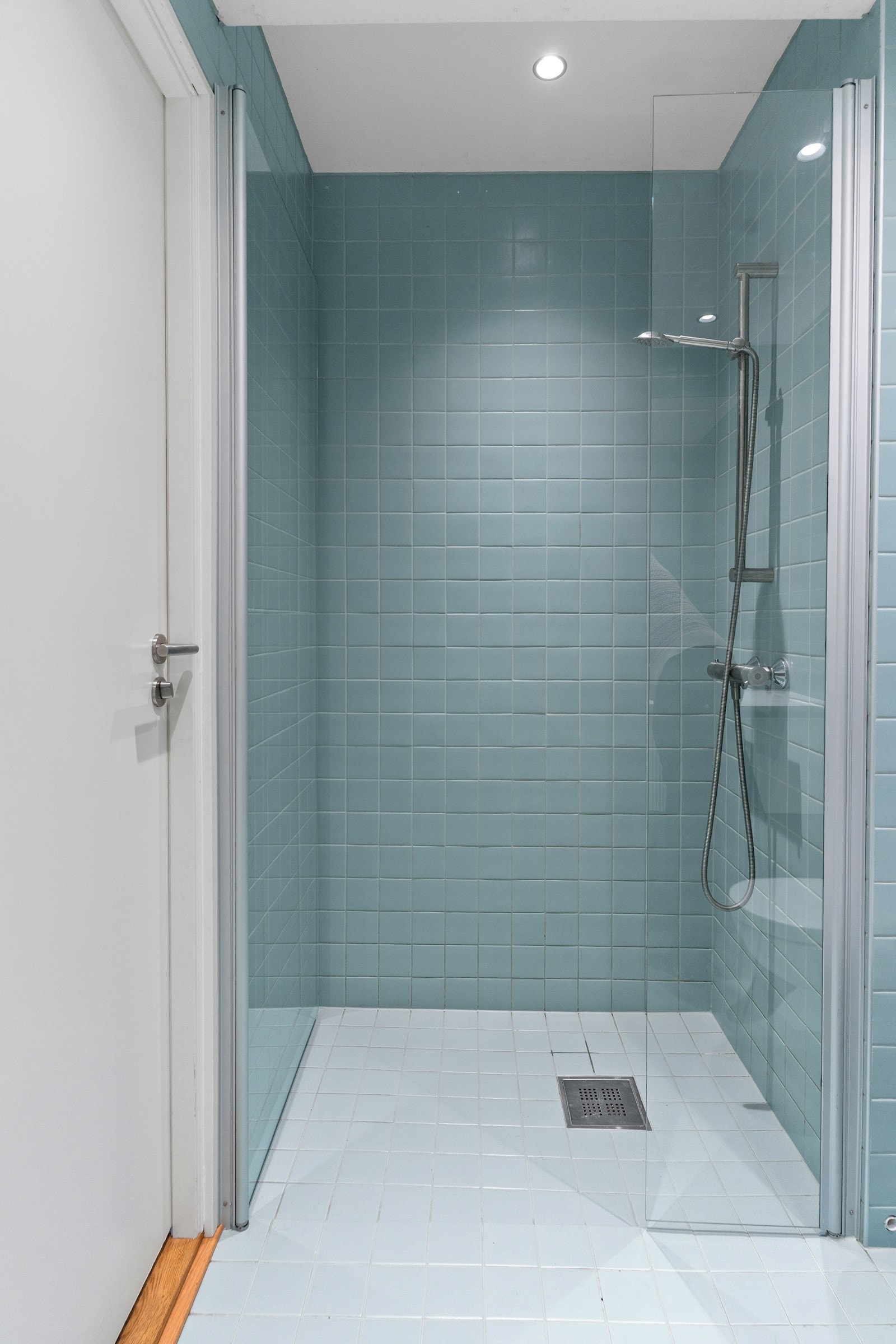 Rommet har en nedsenket dusjsone med pene glasskyvedører og tilhørende dusj. Galleribilde