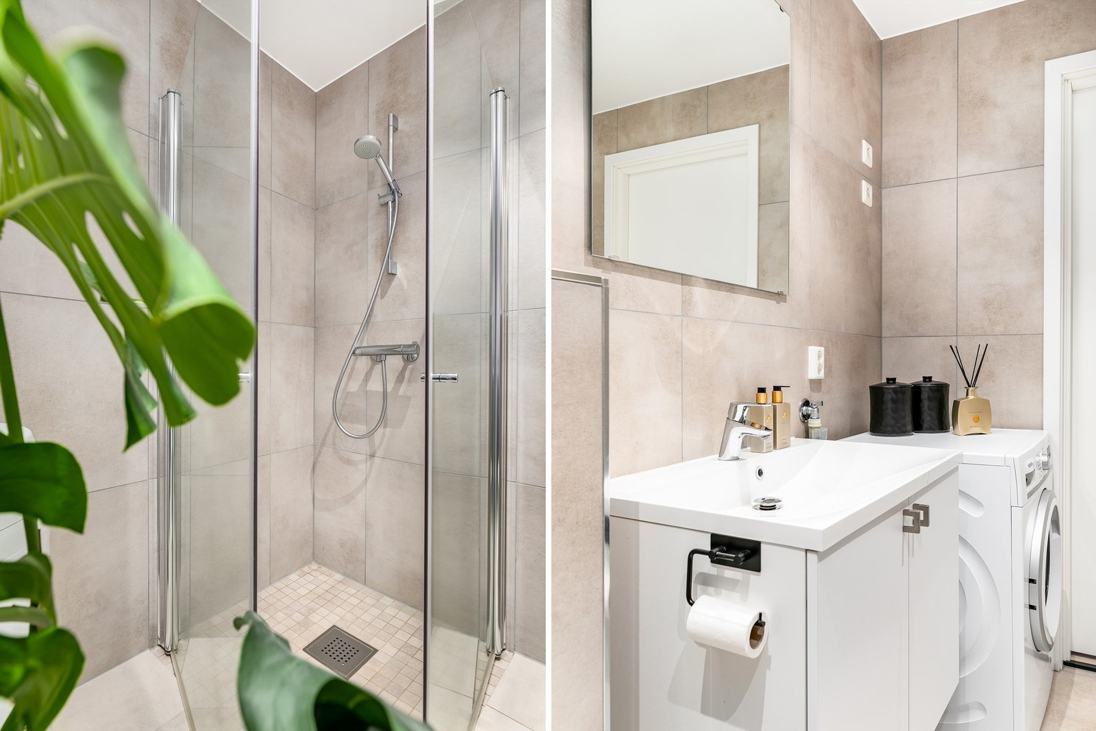 I hjørnet innenfor baderomsdøren er det både avsatt plass og strømuttak for en vaskesøyle. Galleribilde