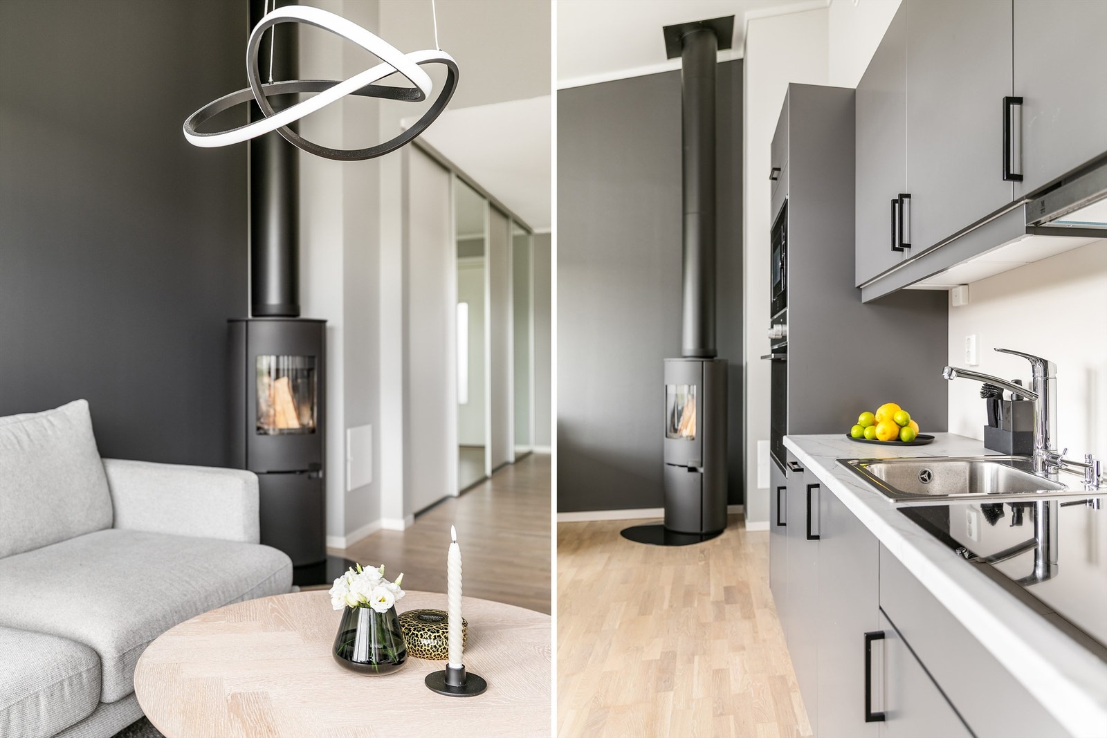 Stuens vedovn kan varme opp hele leiligheten. Med stålpipen fremheves den store himlingshøyden. Galleribilde