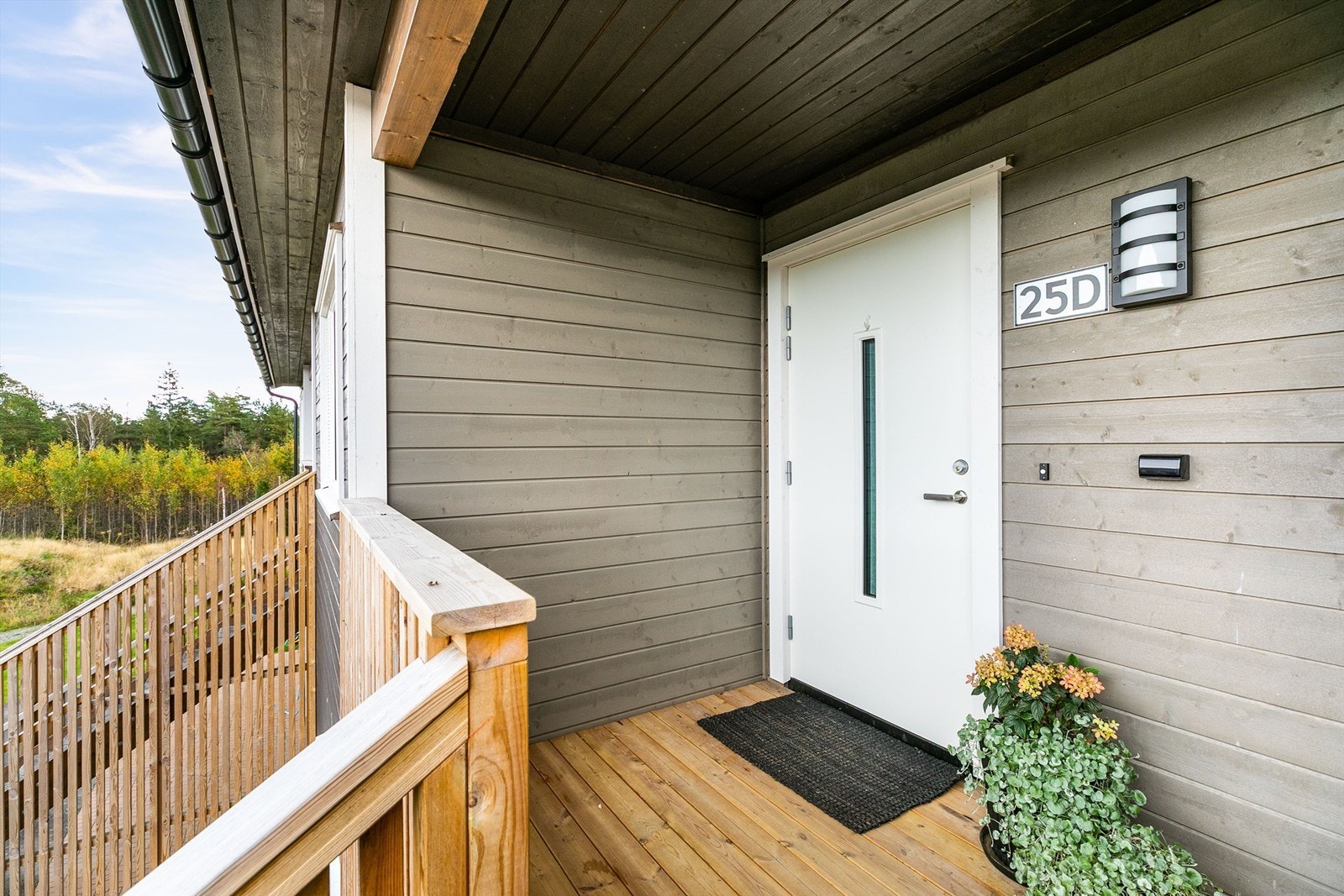 Skjermende overbygg til inngangspartiet er bekvemmelig når været ikke er på sitt aller beste. Svalgangen deles med tilstøtende sidenabo. Galleribilde