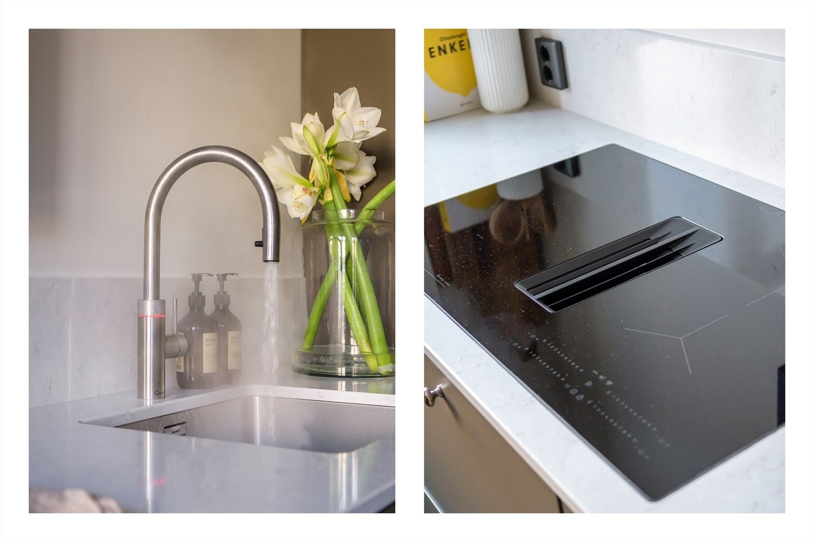 Kjøkkenkran med Quooker som gir kokende vann rett fra kranen (beholder/system under benken følger i utgangspunktet ikke)- Nedtrekksvifte Galleribilde