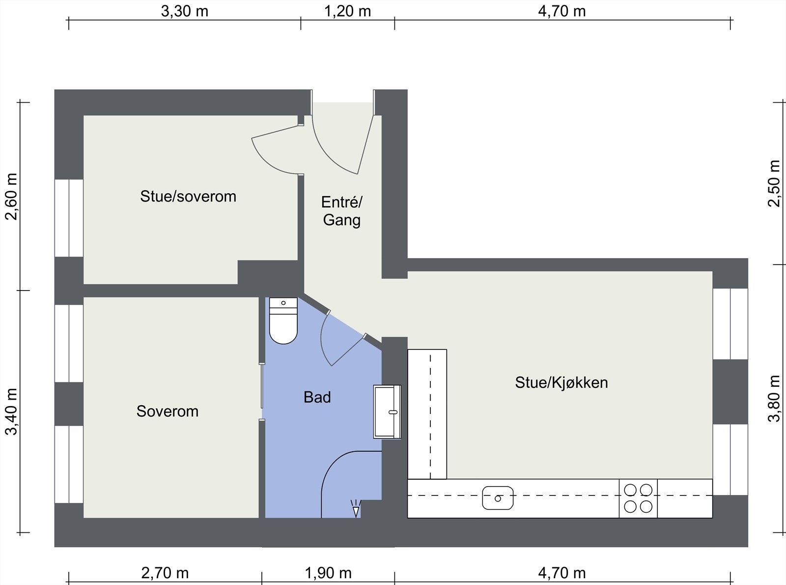 Svært god planløsning - Boligen er blant annet gjennomgående og har store, gode rom - Dobbel inngang til badet - Dagens stueløsning kan innredes som soverom ved behov Galleribilde