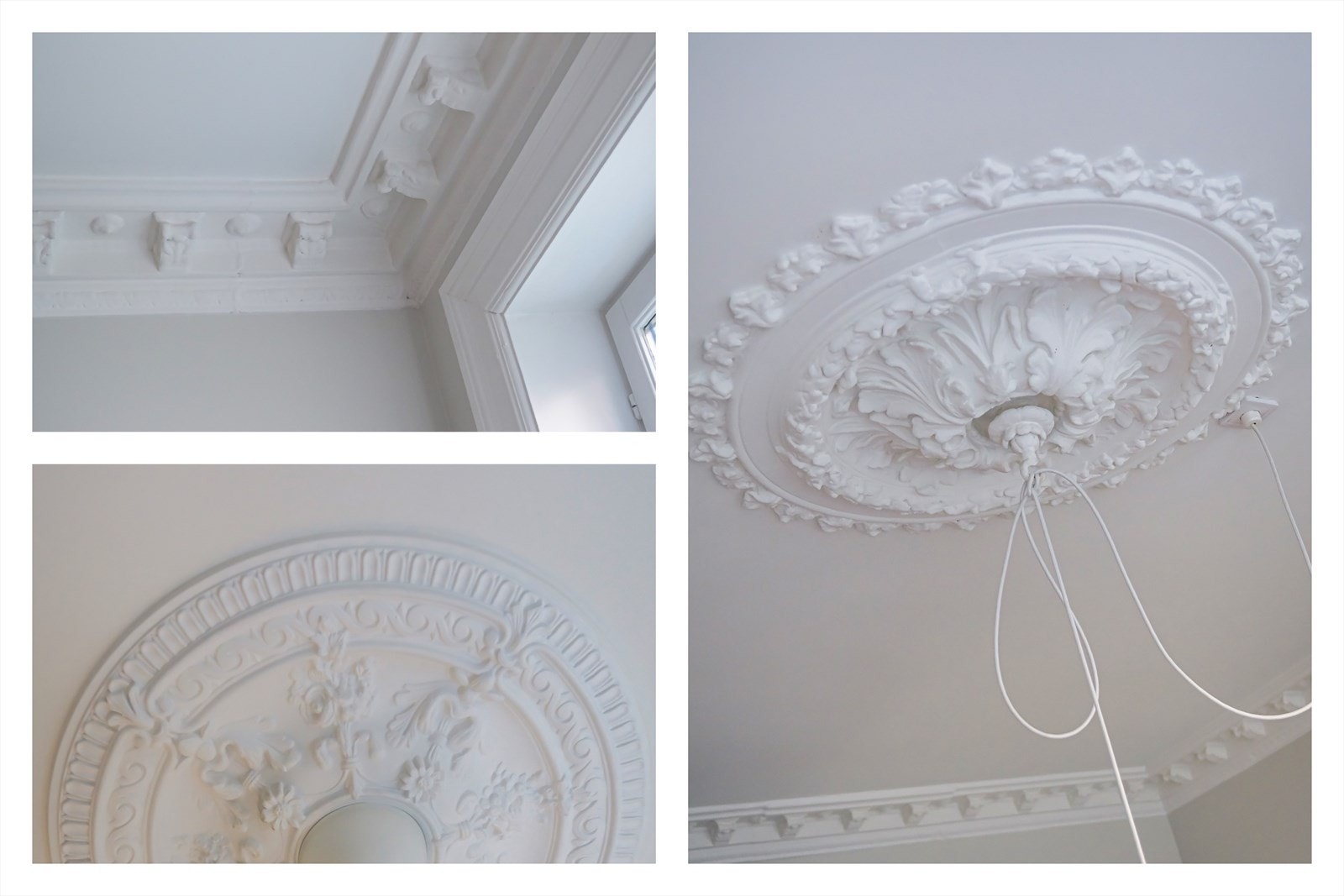 Klassiske, originale detaljer er bevart og gjenskapt med nyere gips - Takhøyde på nesten tre meter bidrar til en luftig atmosfære Galleribilde