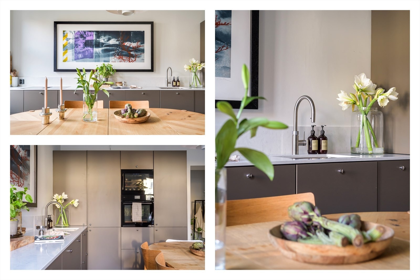 Integrerte hvitevarer med kjøleskap med fryser, induksjonstopp med integrert nedtrekkssvifte, komfyr, vinskap og oppvaskmaskin. Galleribilde