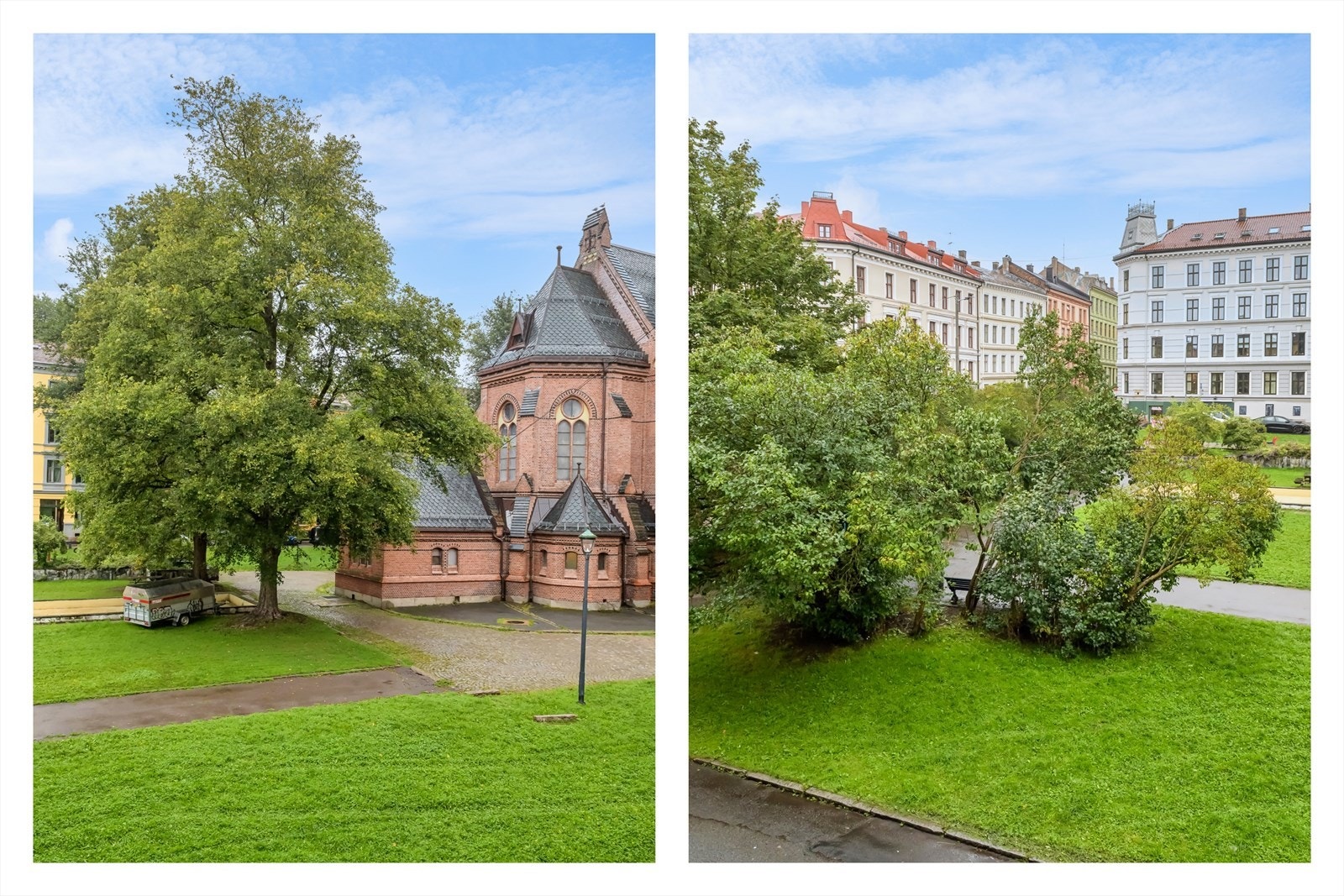 Utsyn fra Kjøkken mot nydelige grøntarealer og Paulus kirke Galleribilde