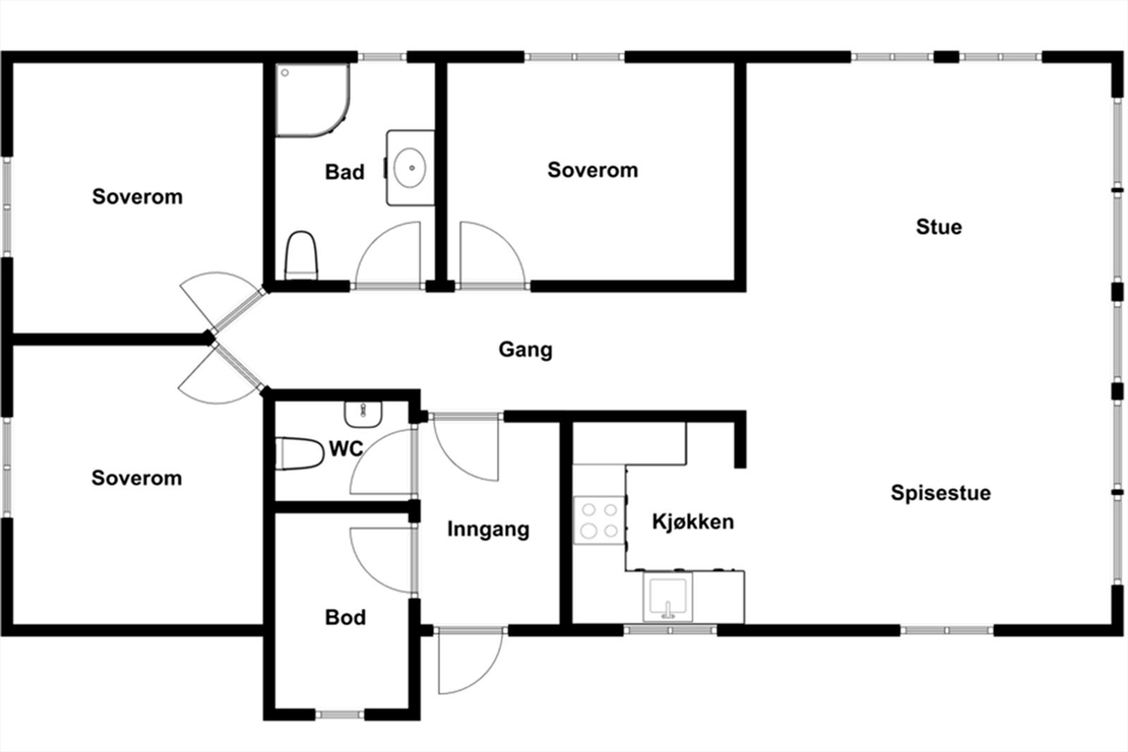 Planløsningen viser en praktisk fritidsbolig med tre soverom, bad og separat toalettrom. Kjøkkenet har integrerte hvitevarer og ventilator med avtrekk ut. Galleribilde