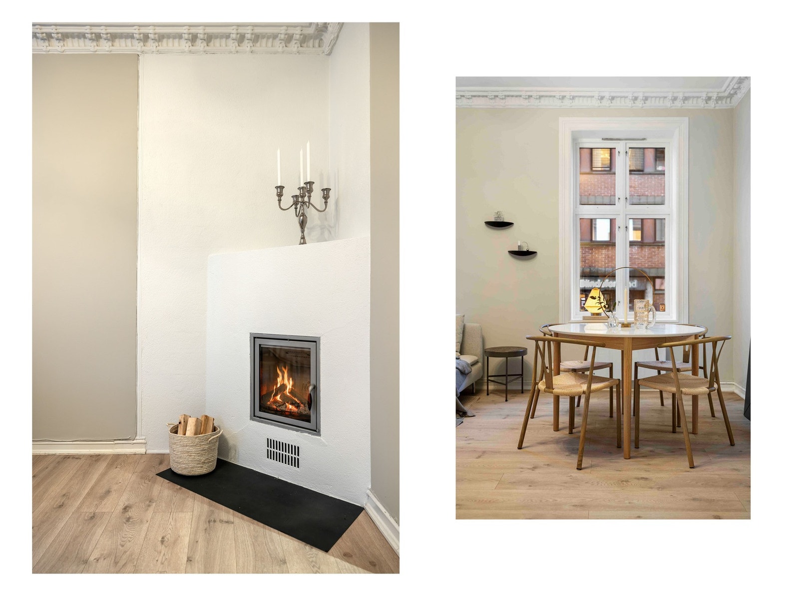 På kalde vinterdager kan man fyre i leilighetens peis, som skaper både varme og hyggelig stemning Galleribilde