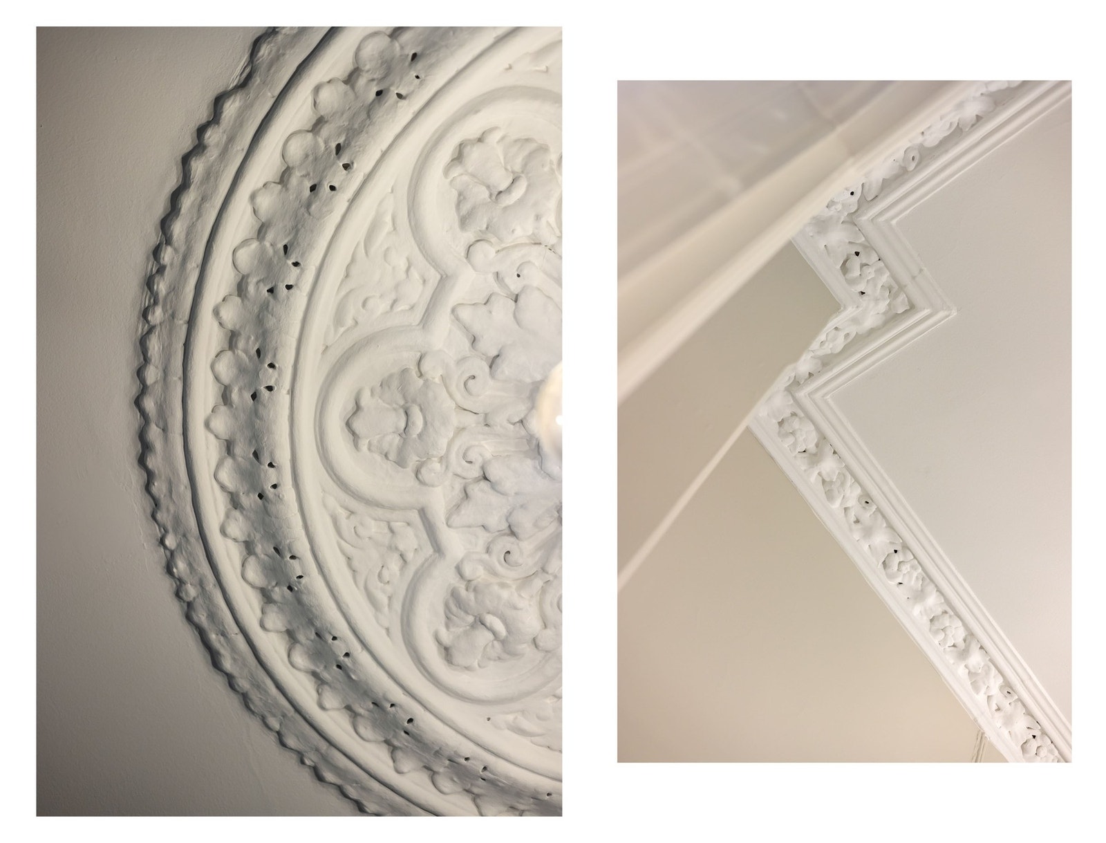 Stuen har klassiske detaljer som stukkatur og rosett Galleribilde