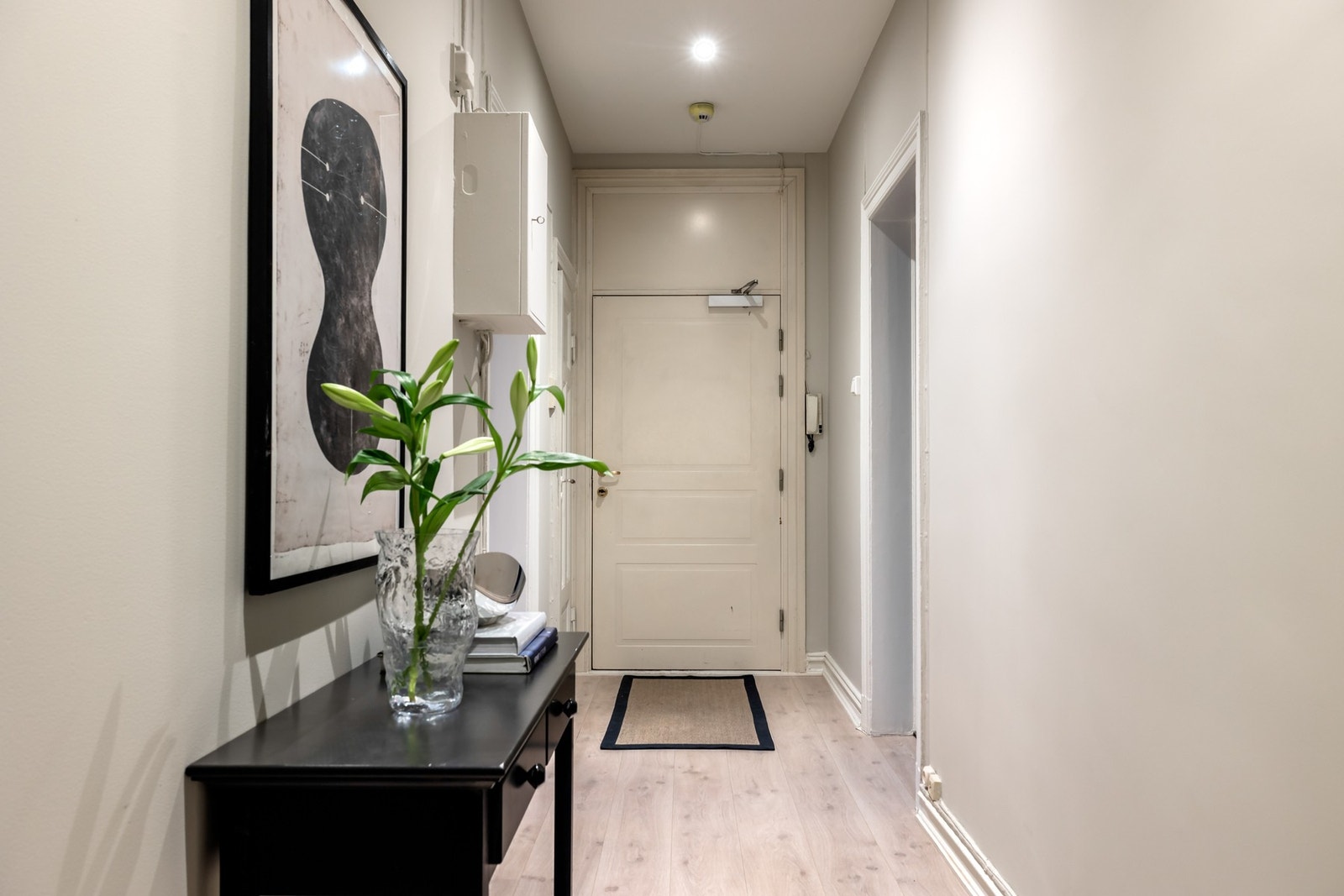 Leiligheten har en romslig entré med god plass til oppbevaring - Herfra er det adkomst til leilighetens bod hvor det er opplegg for vaskemaskin, strømuttak og mulighet for ekstra oppbevaringsplass Galleribilde