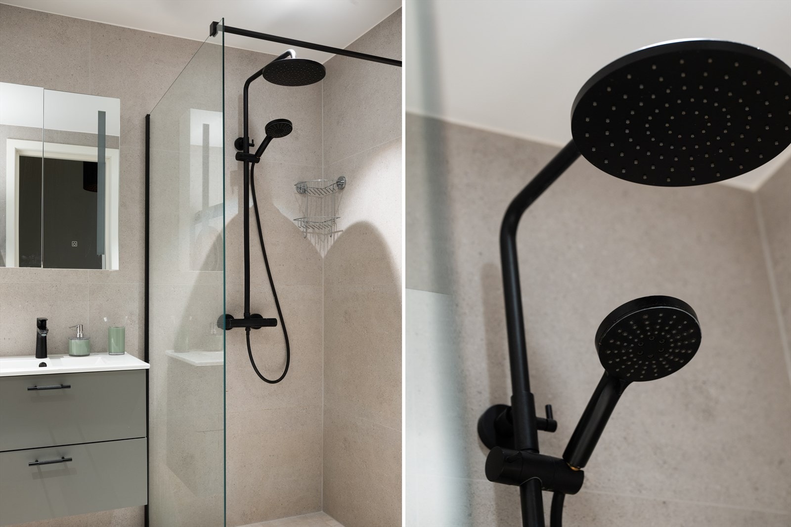 Badet er utstyrt med veggmontert toalett, stilren baderomsinnredning med heldekkende servant, speilskap med belysning og moderne dusjløsning med fast dusjvegg, regnfallsdusj og håndholdt dusj Galleribilde