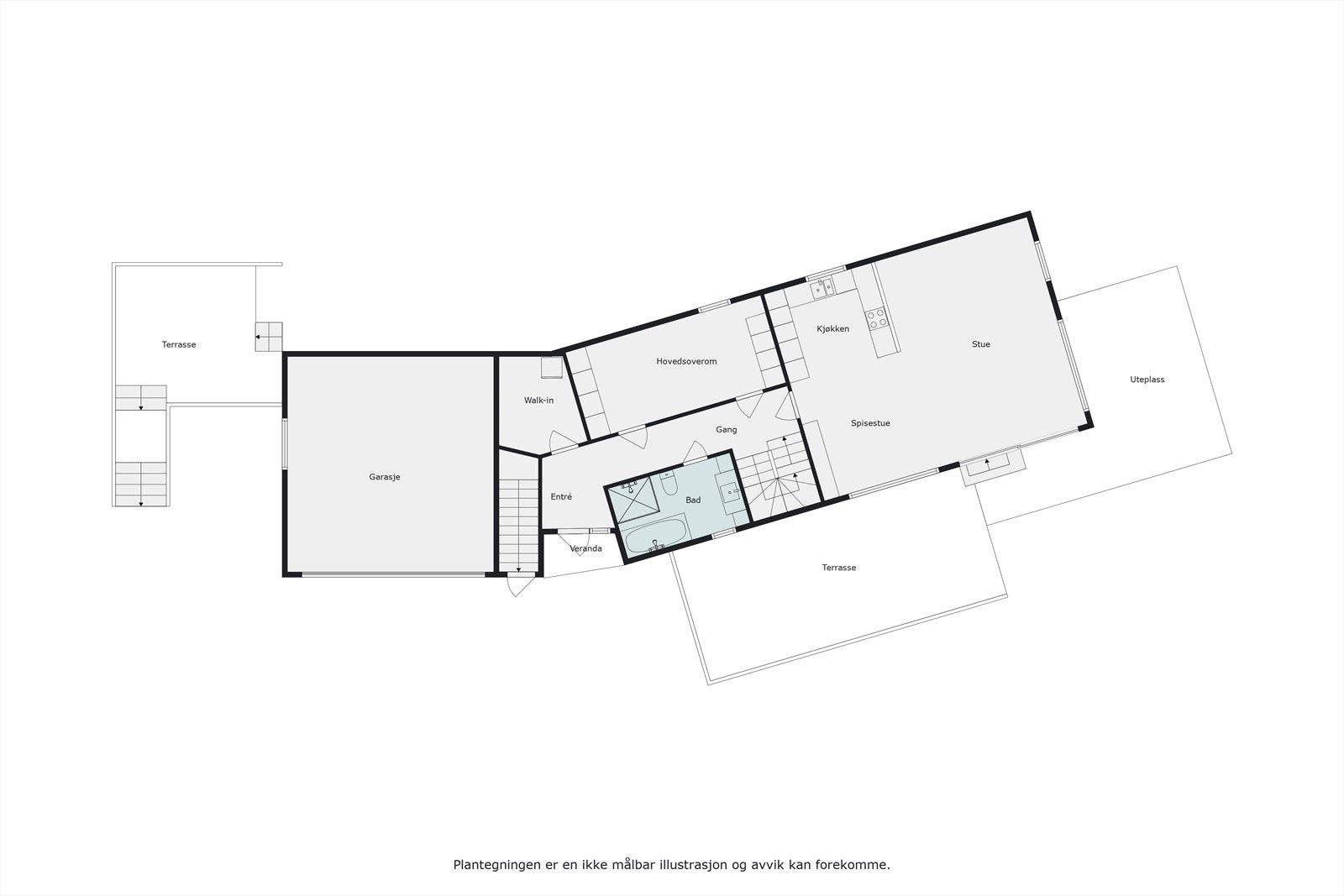 Planløsning hovedetasje. Boligen har en arealeffektiv og familievennlig planløsning i alle plan. Galleribilde
