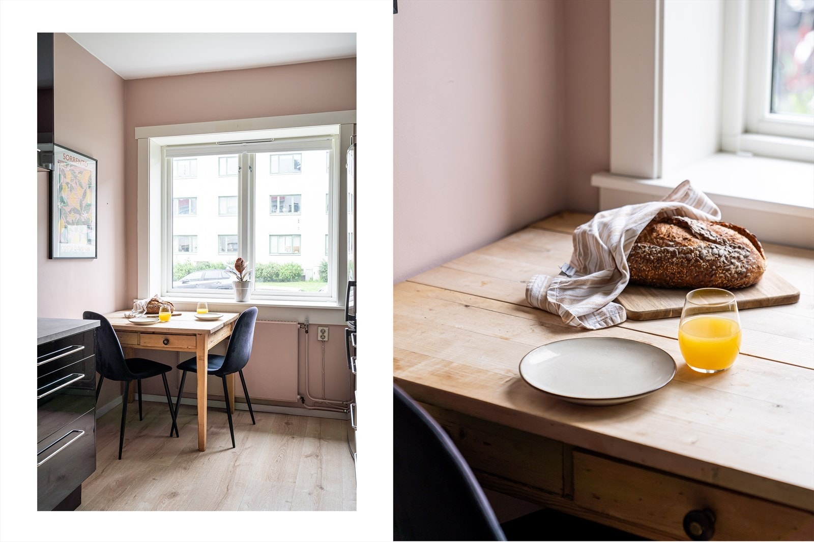 Det er flisfelt på vegg over benken og ledlys under overskap. Galleribilde