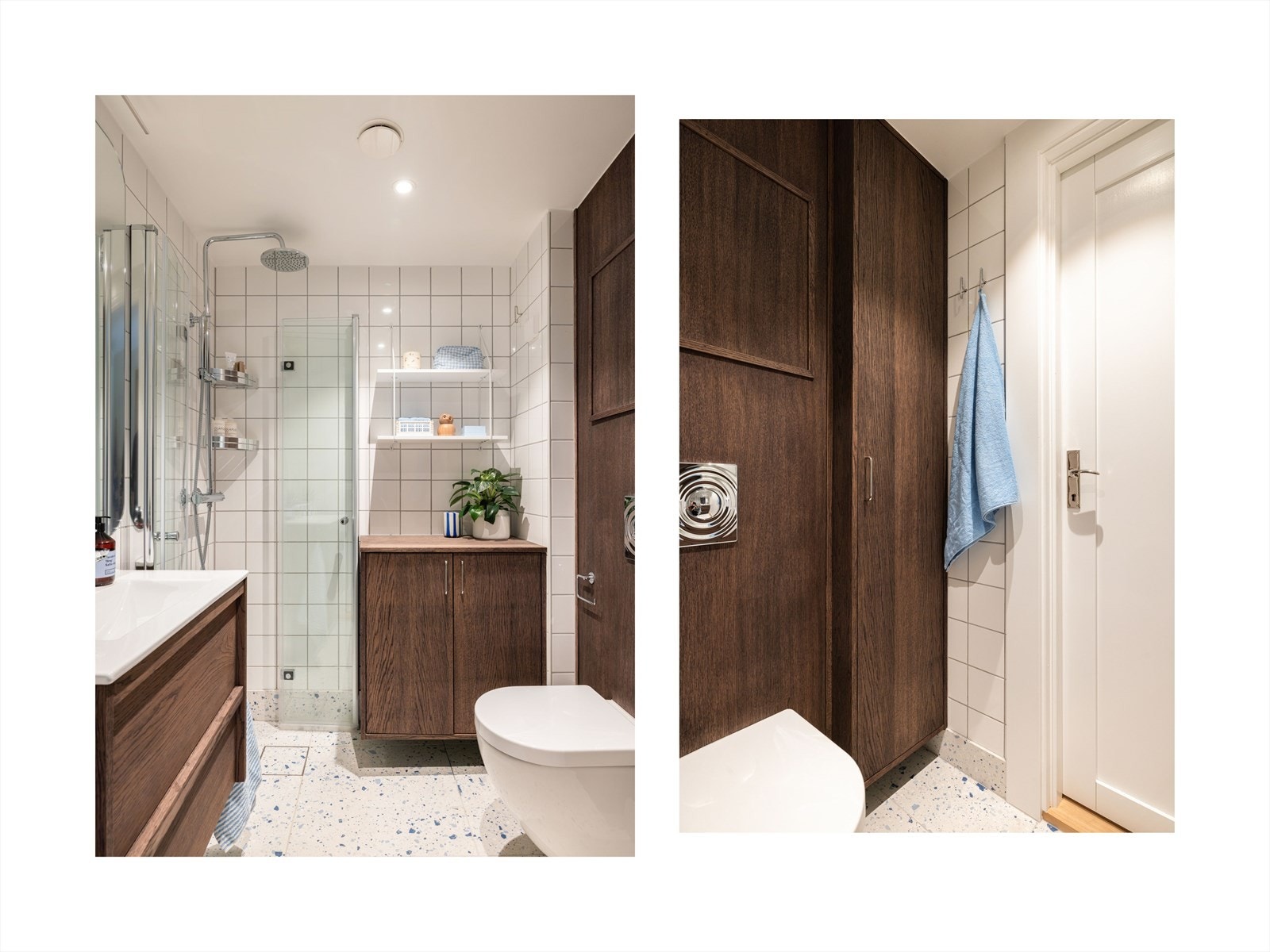 Nydelig tidløst bad med gulvvarme og downlights i tak. Innredning består av toalett, servant og romslig dusjhjørne med regnfallsdusj og foldedører i glass. Galleribilde