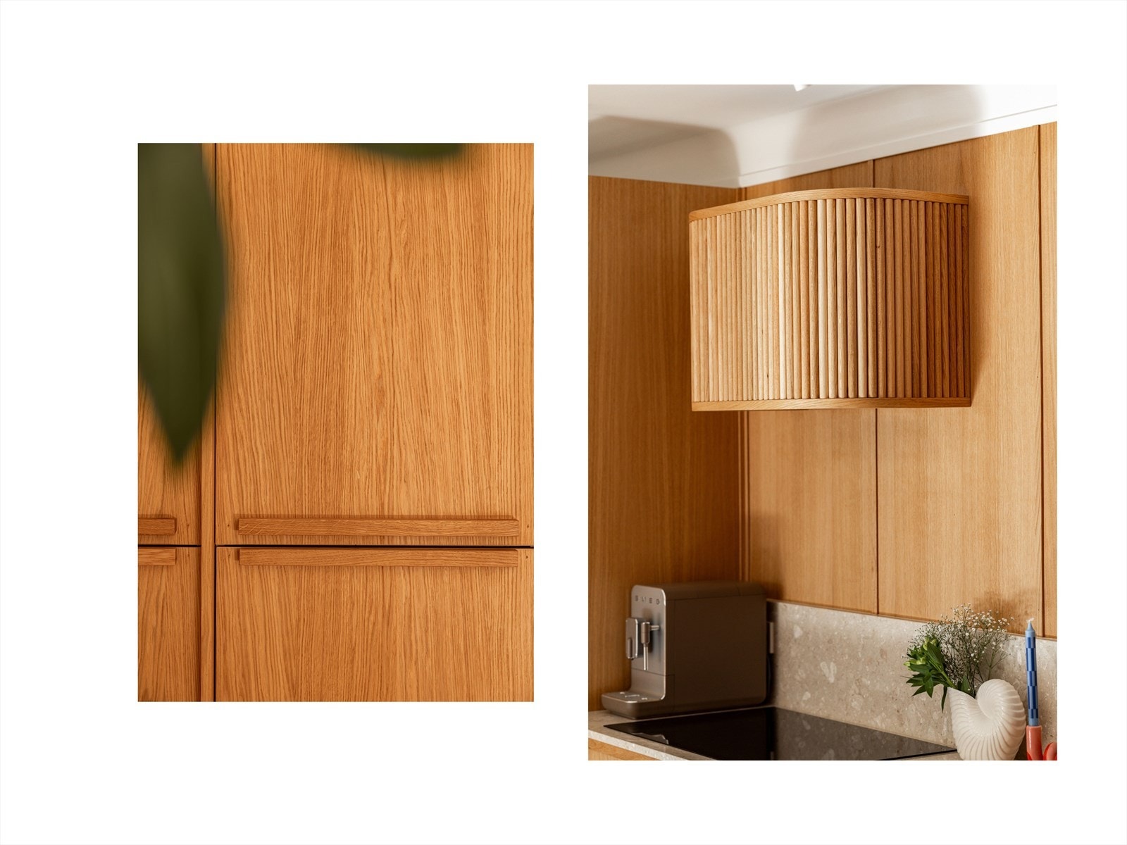 Til og med ventilatorhetten er fin i denne boligen. Spesiallaget innredning i eik er montert for en gjennomført "look". Legg også merke til den ekstra brede induksjonstoppen. Galleribilde