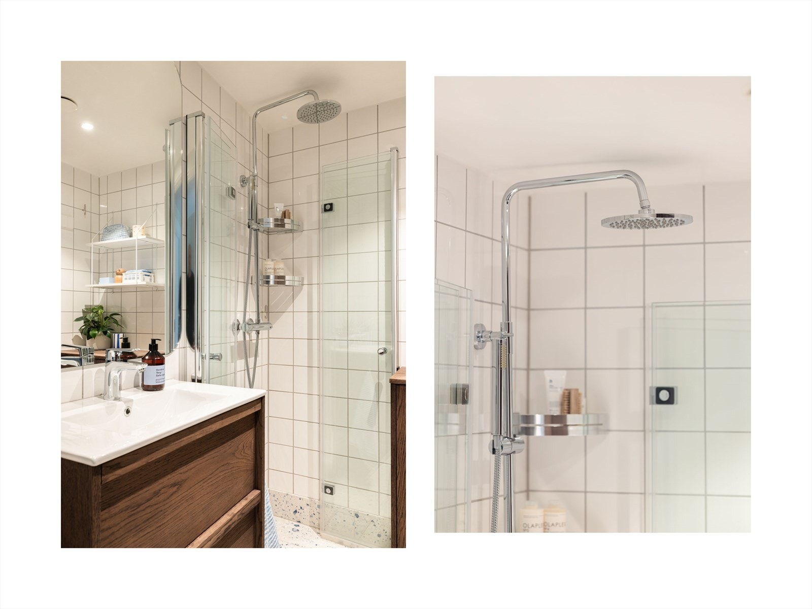 Innredning, vask, dusj, blandebatterier, toalett, gulvfliser, termostat, brytere og downlights er nytt i 2024/25. Vaskemaskin er flyttet ut i garderobeskap på alkoven for å få større plass på badet. Galleribilde