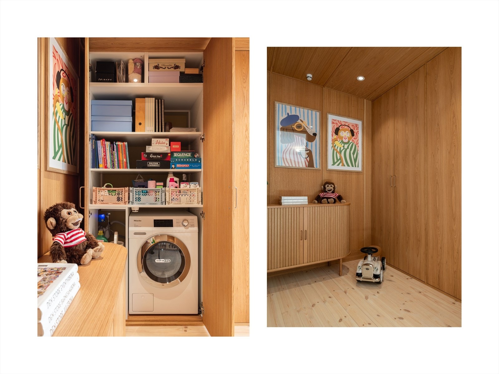 Plassbygget garderobeskap i eik på alkoven, med vaskemaskin plassert i det ene. Galleribilde