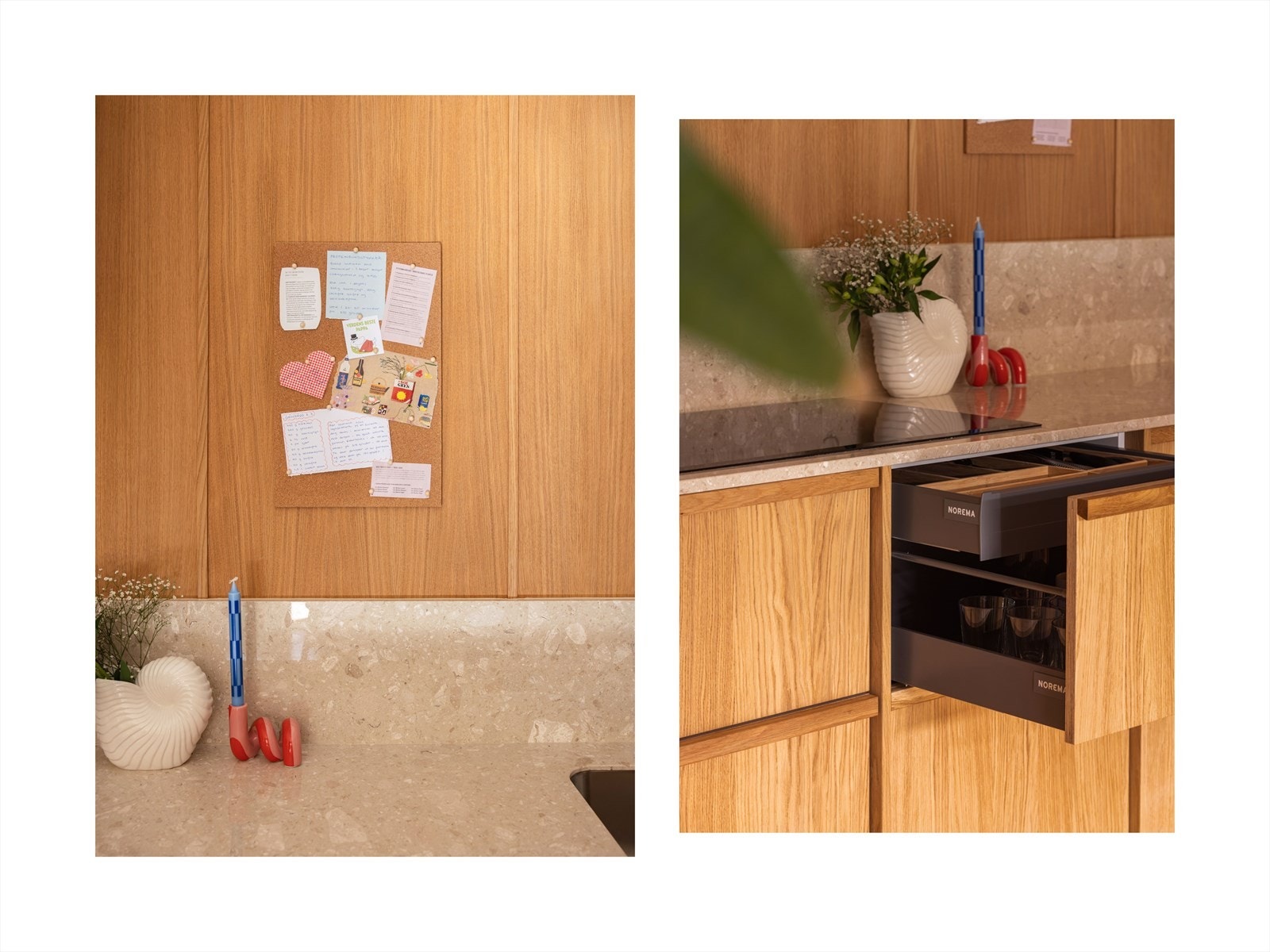 Detaljer i heltre eik og benkeplate og backsplash i ekte terrazzostein gjør kjøkkenet unikt. Galleribilde