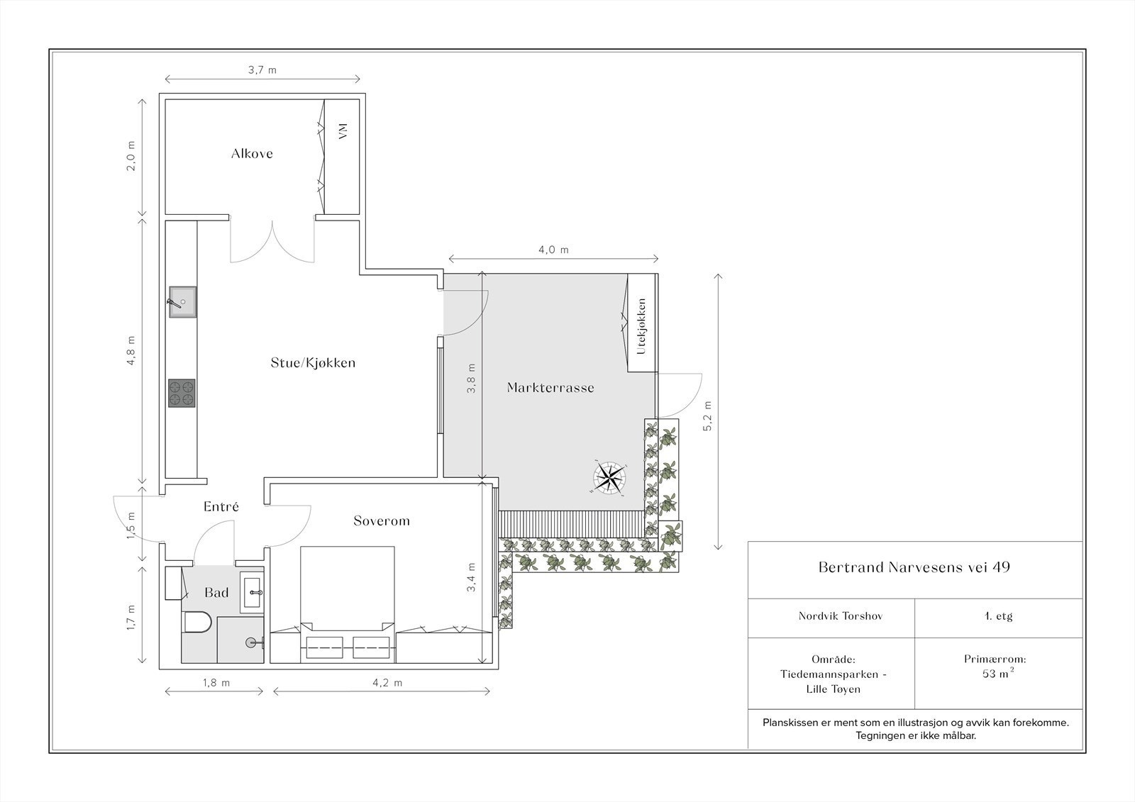 Men la oss først ta en titt på leilighetens planløsning og det innvendige arealet. Her er plantegningen. Galleribilde