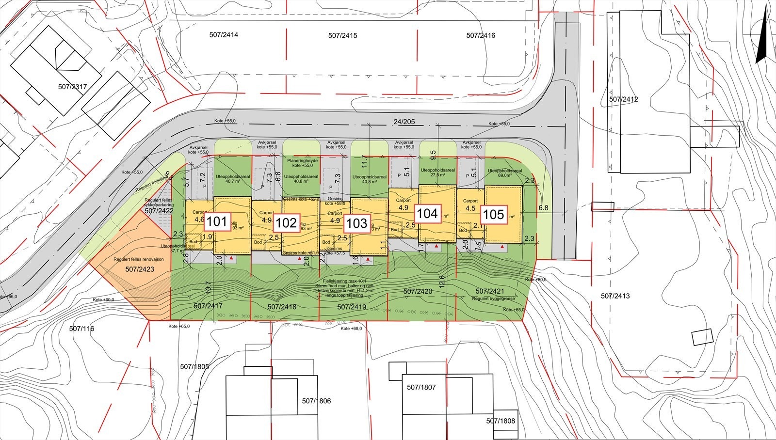 Oversikt tomteareal. Tomt merket 105 har adressen Rønningveien 75, 104 = Rønningveien 77, 103 = solgt, 102= Rønningveien 81 og 101= (Solgt)Rønningveien 83. Galleribilde