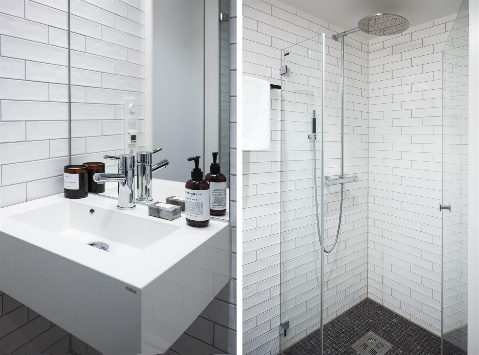 Badet er innredet med servant, vegghengt toalett og dusjhjørne med glassdører. Galleribilde