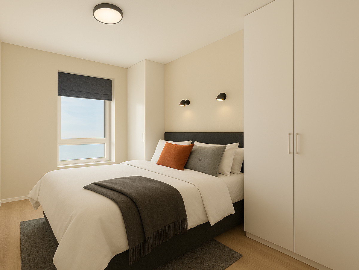 Hovedsoverom i nøytrale farger og plass til garderobe (Bildet er en illustrasjon, avvik vil forekomme) Galleribilde