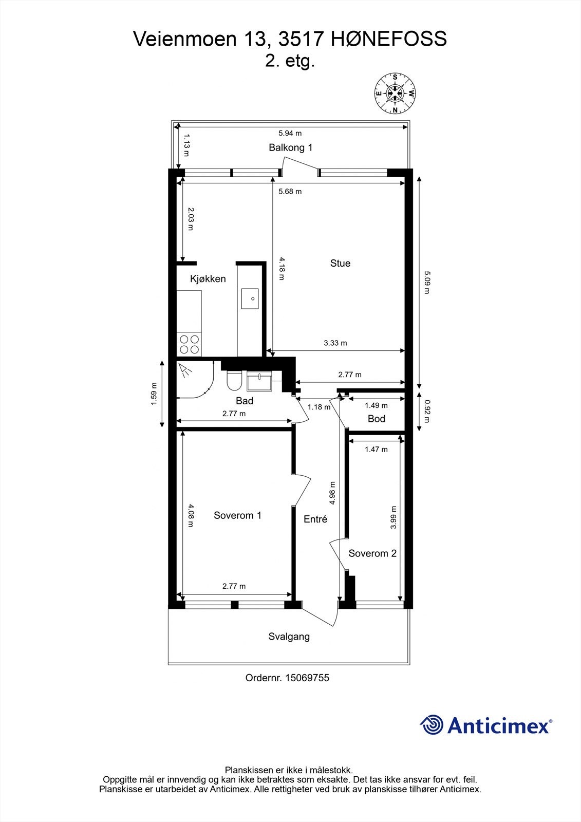 Plantegning - soverom 2 er ikke godkjent til varig opphold (bod). Galleribilde