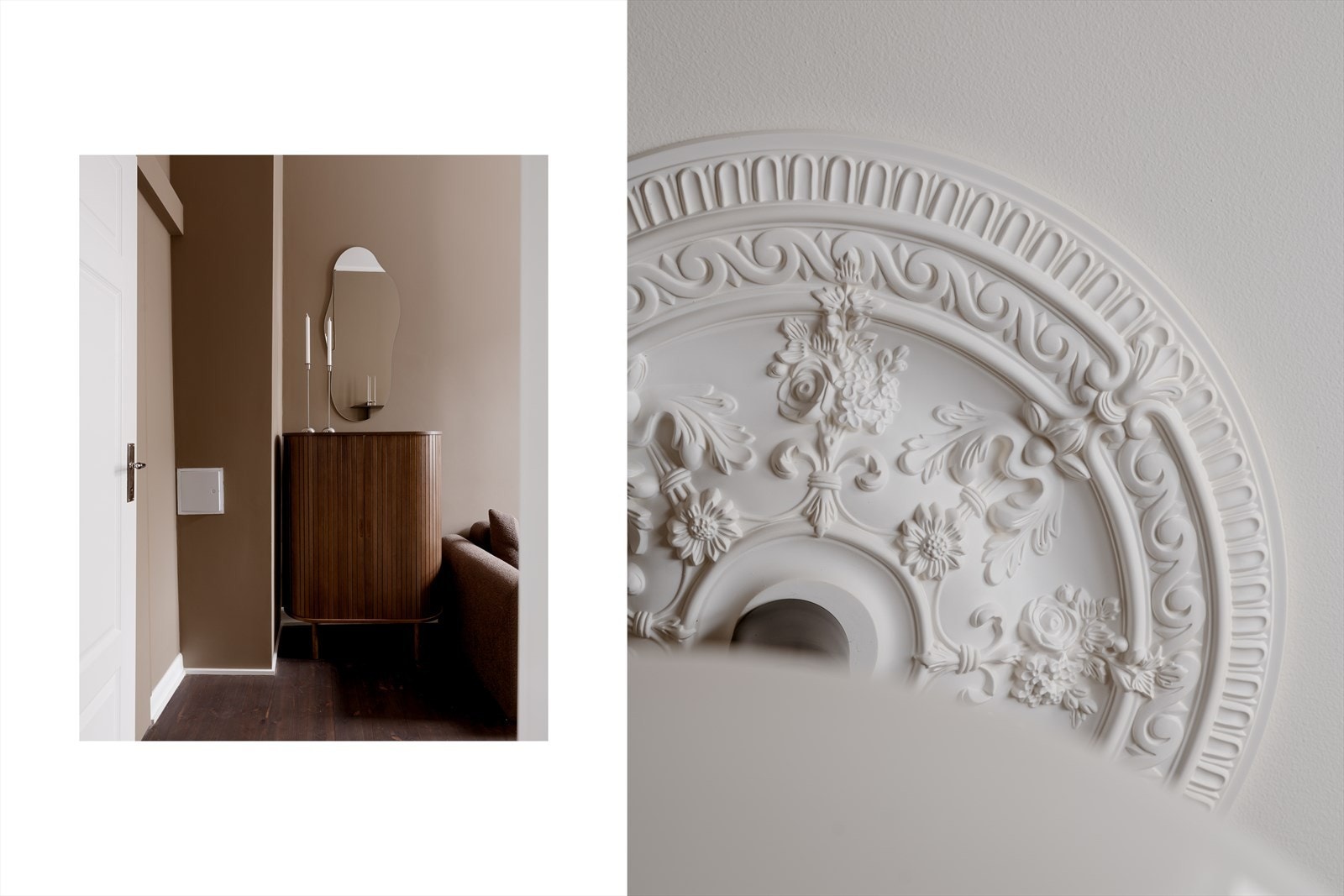 Lampen henger fint fra den vakre rosetten i taket. Fra gammelt av ble rosettene brukt som brannskille, da oljelamper og levende lys var den eneste formen for belysning. Galleribilde