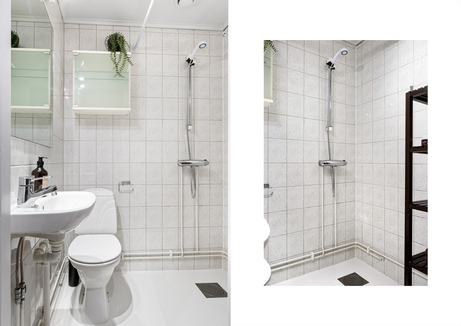 Badet fremstår funksjonelt og velholdt med dusjplass, servant med speil og belysning, overskap, toalett samt opplegg for vaskemaskin. Løsningen gir både praktisk oppbevaring og god komfort i hverdagen. Galleribilde