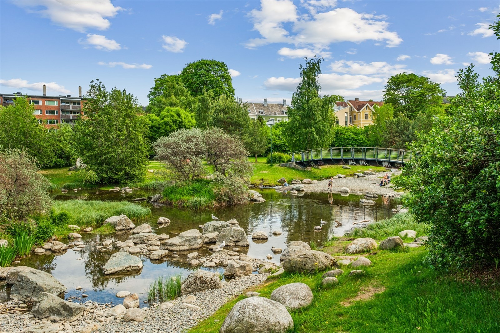 I området ved leiligheten er det kort vei til et fint parkområde med flotte grøntområder rundt en koselig bekk med bru til andre siden. Galleribilde